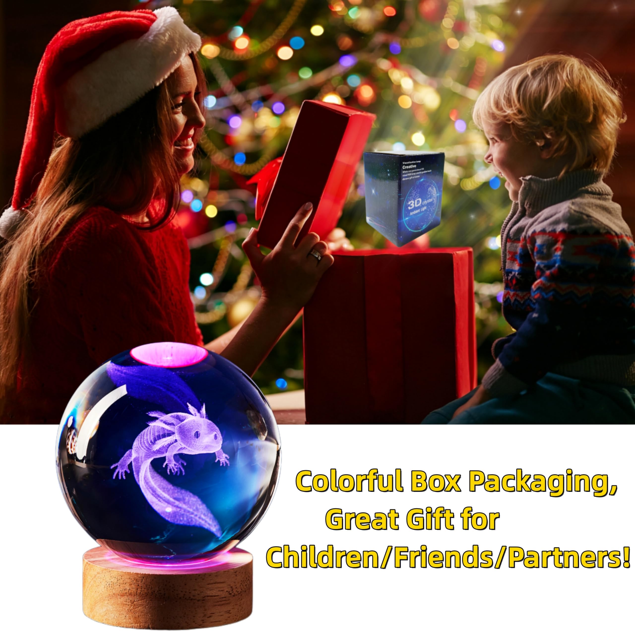 Axolotl Lamp,3.15 Inch Axolotl Crystal Ball Lamp,Upgraded 3D K9 Axolotl Crystal Ball Night Light With Wooden Base,16 Colors Chan