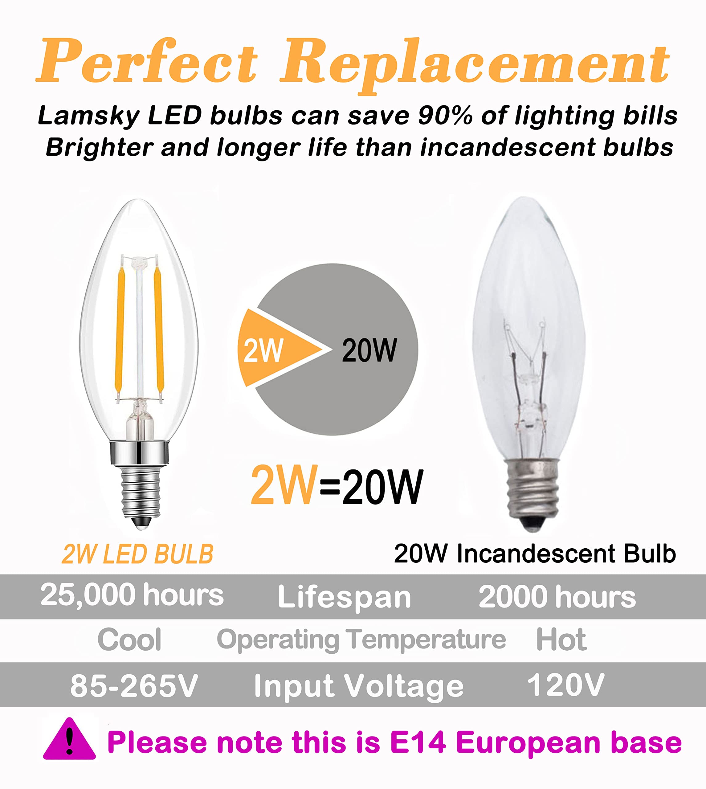 Lamsky E14 LED Filament Bulb, 2W Warm White, 2-Pack, Glass C35 Shape, 20W Incandescent Equivalent