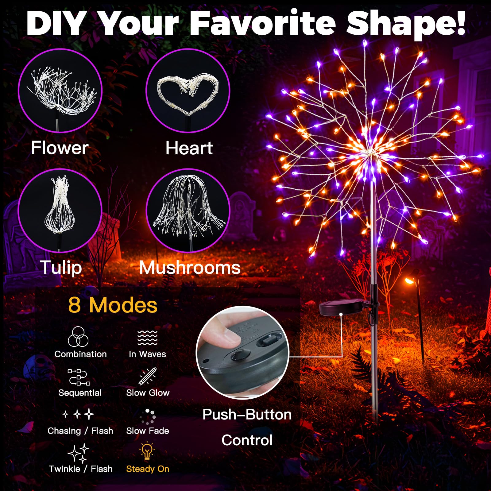 suddus Solar Powered Halloween Lights - 2 Pack, Waterproof Copper Firework Lights in Orange & Purple for Garden Decorations