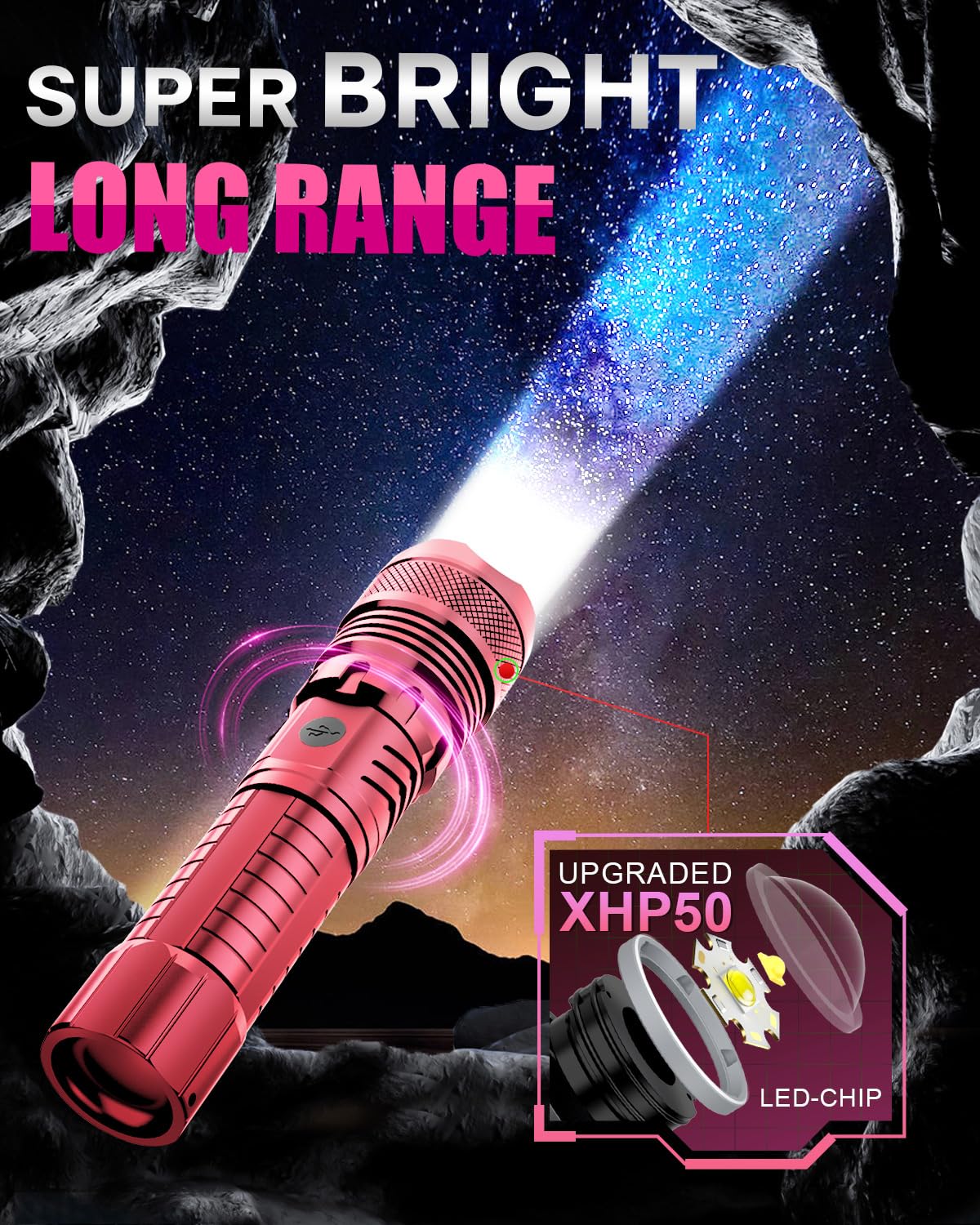 Victoper Pink Led Flashlights, High Powered High Lumens Super Bright Tactical Flashlight, Rechargeable, 5 Modes Zoomable Waterpr