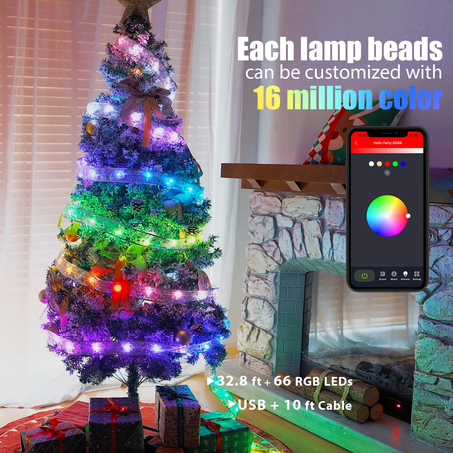 33Ft Smart Christmas Tree Ribbon String Lights, 80 Modes Colors Changing Ribbon Light For Christmas Tree, App & Remote Control, Sync Musical, Timer, Usb (Silver With Multicolor)