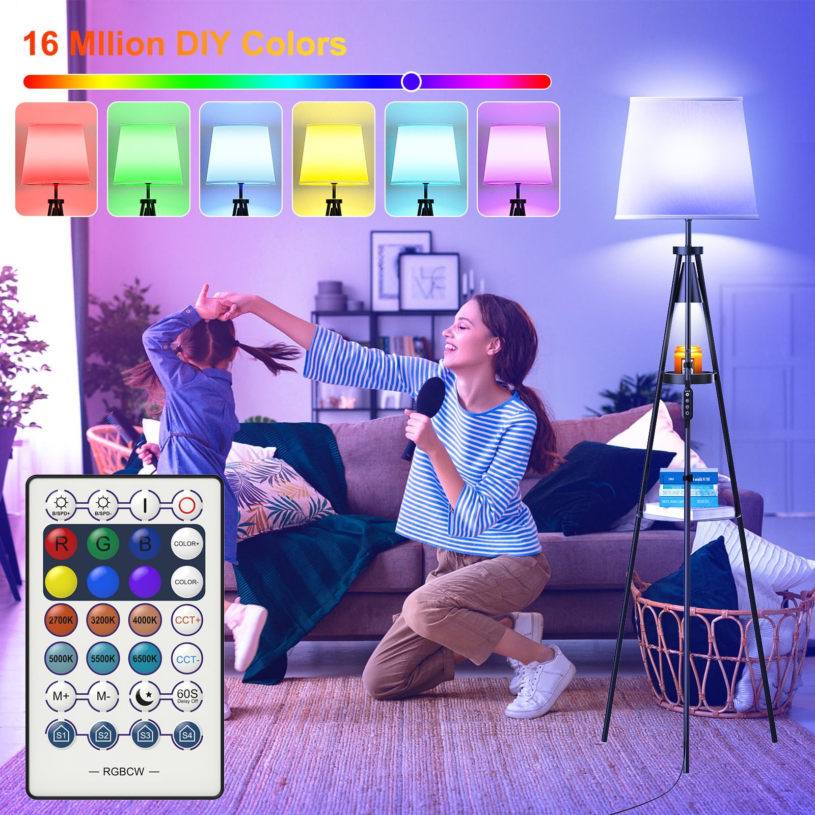 Tripod Floor Lamp, Candle Warmer Lamp With Timer, Dimmable Standing Tall Lamp For Living Room Bedroom, Wifi Smart Rgb Light Comp