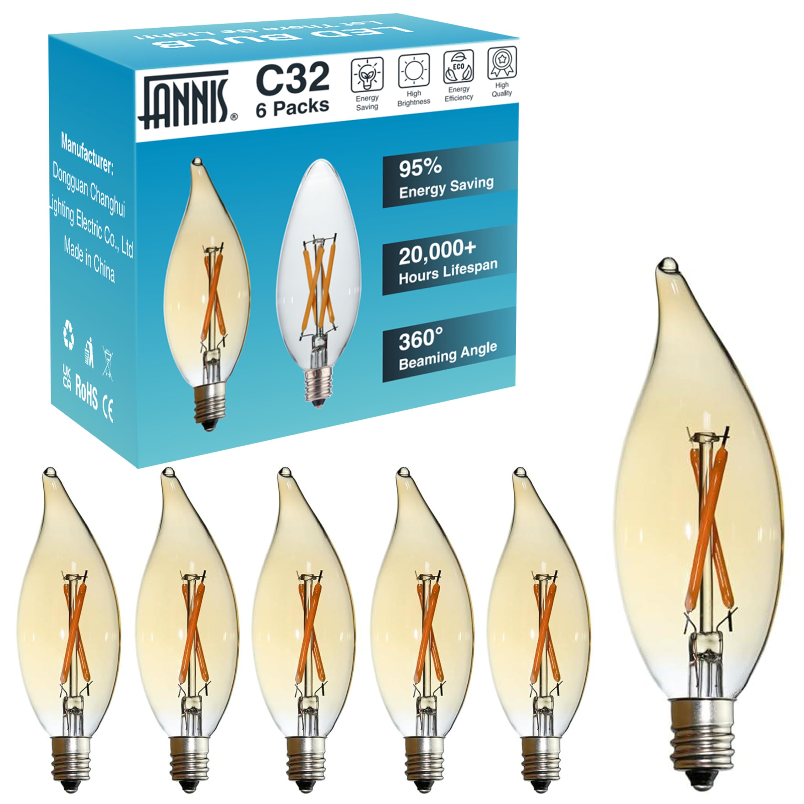 B10-C32 E12 LED Candelabra Bulb 2W Equivalent 25watt 2200K Warm Amber, 6pack CRI 85-90 Non-Dimmable Flicker-Free Decorative Fila