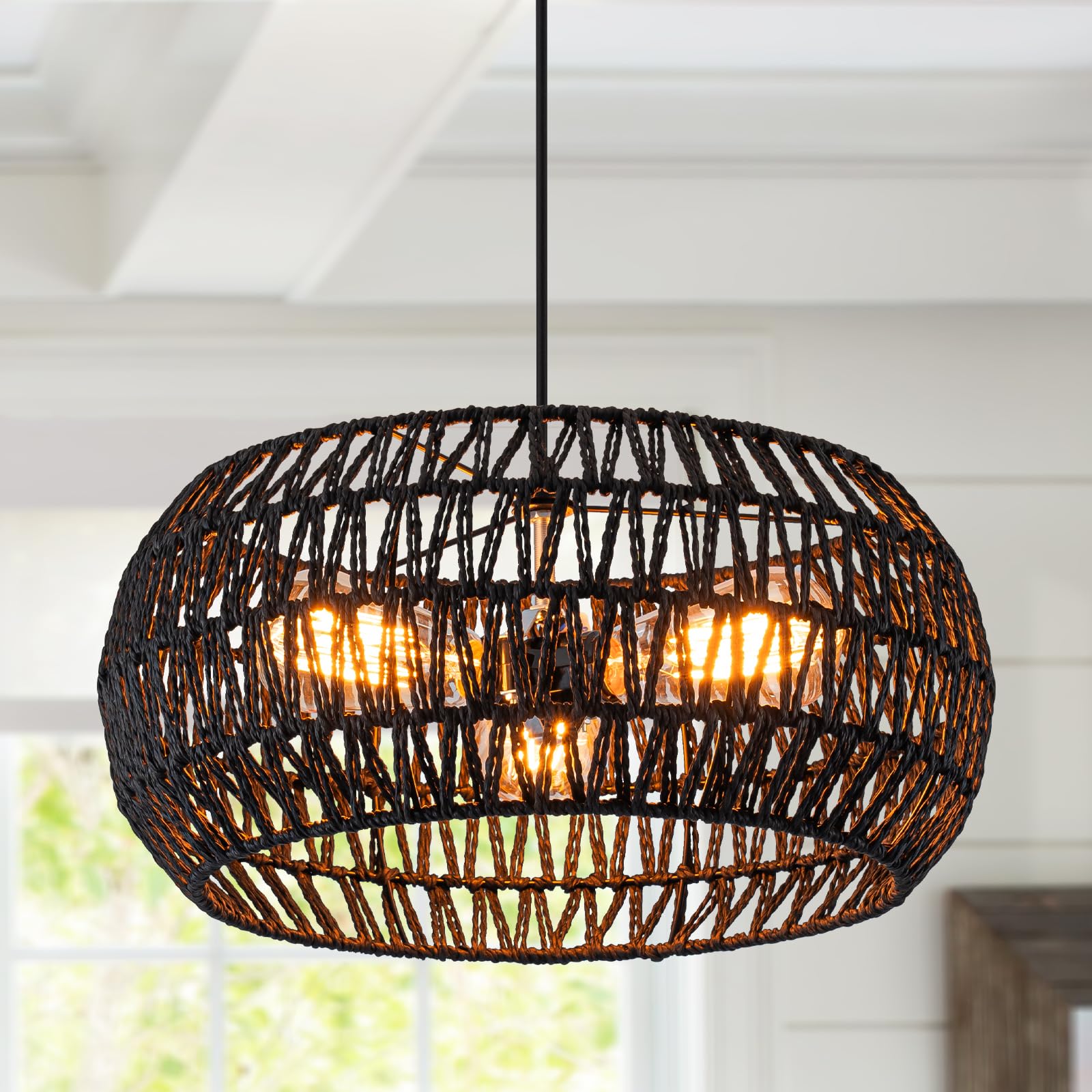 Black Boho Hanging Light Fixture Rattan Chandeliers Drum Pendant Lights for Dinning Room Wicker Chandelier Ceiling Hanging Light