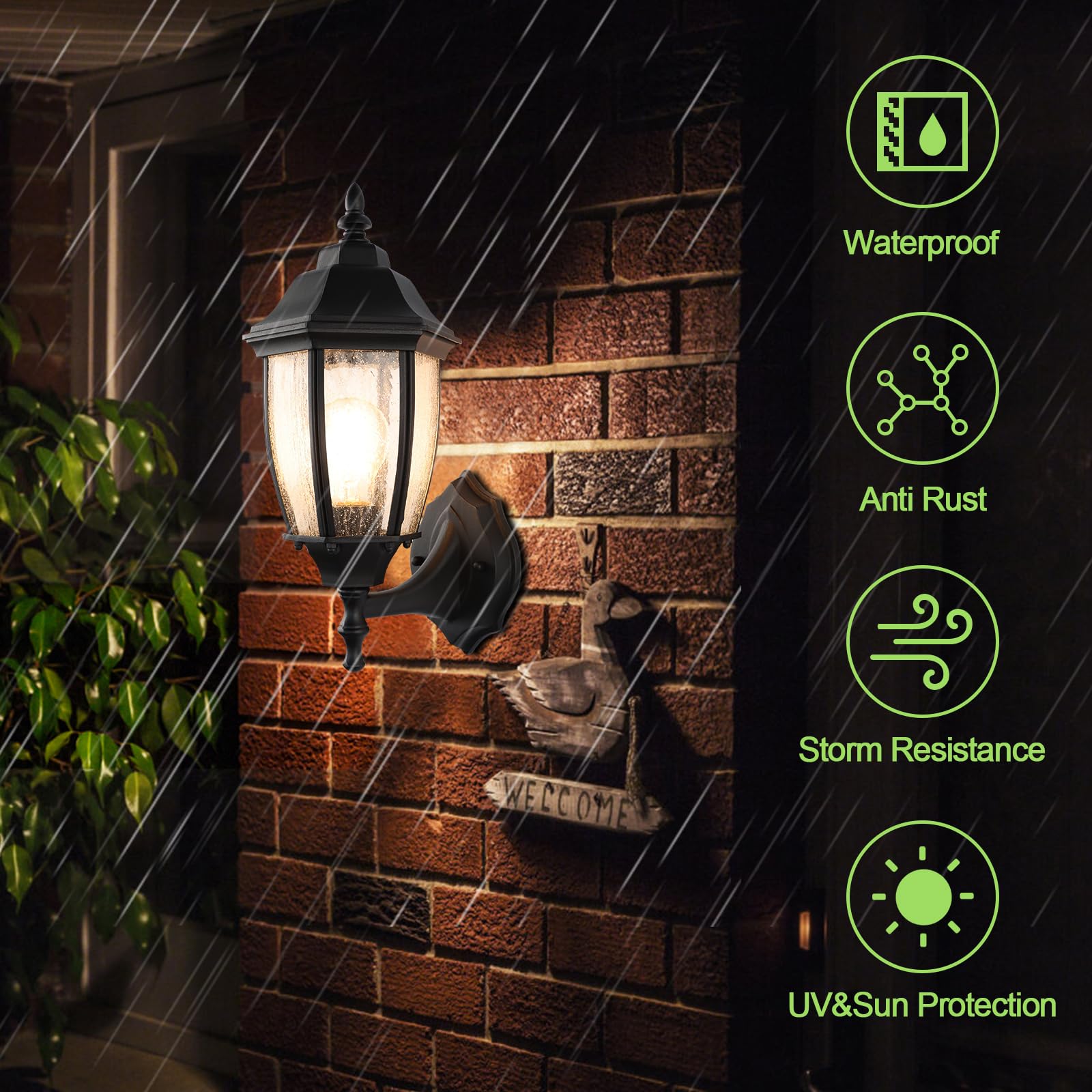 Lprzsg Outdoor Wall Lantern - 14&quot; Black Waterproof Porch Light With Seed Glass Shade