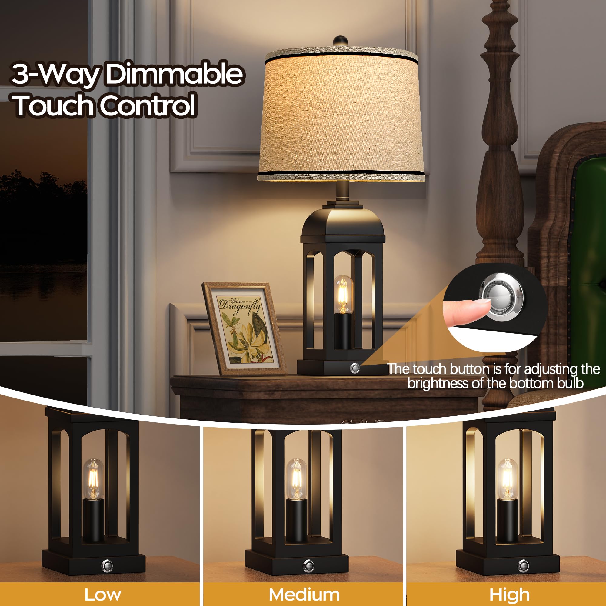 QiMH Rustic Table Lamp - 26" Touch Control, USB A+C, 3-Way Dimmable, Black, 1 Pack for Living Room & Bedroom