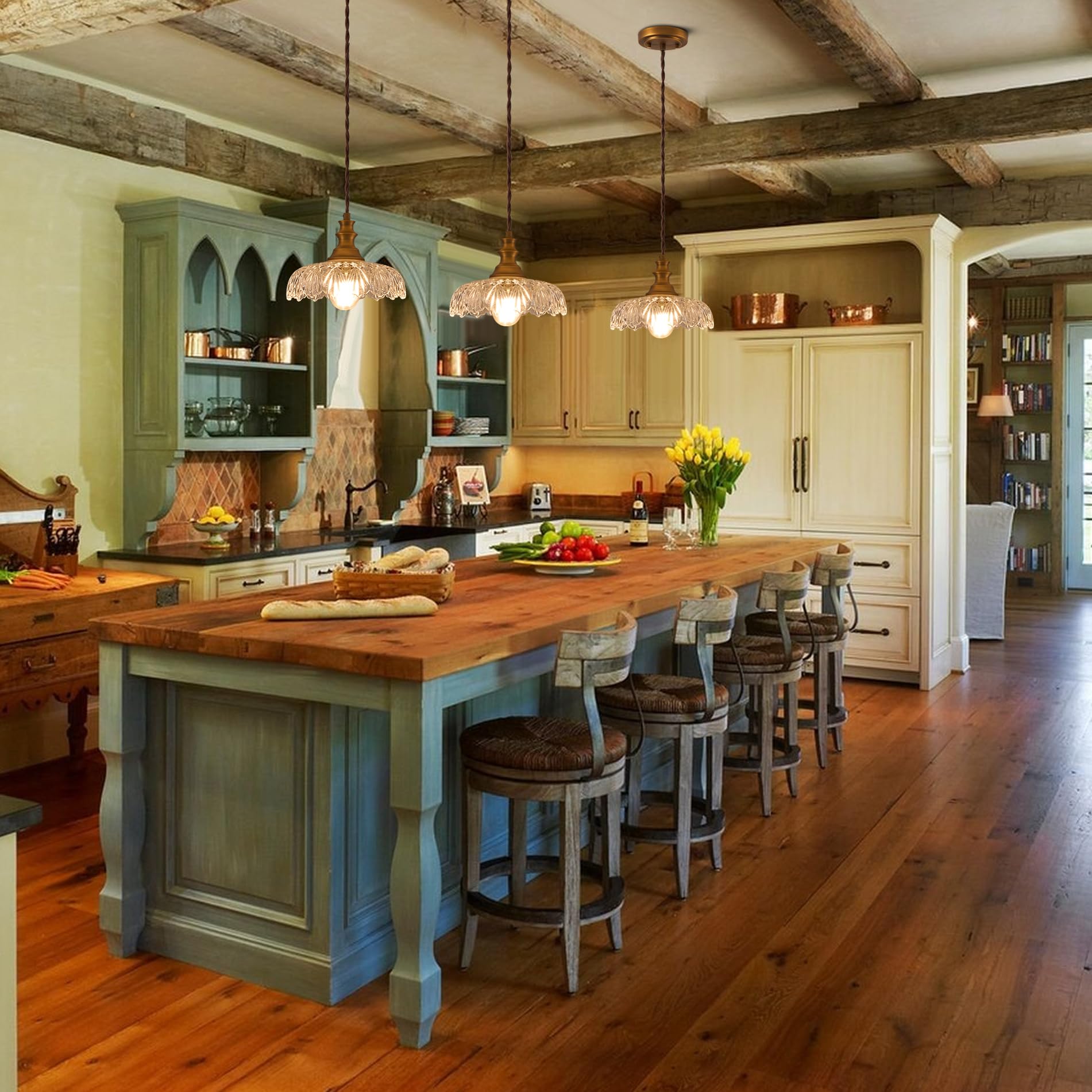 Curreyfols Set Of 2 Pack Vintage Chandelier/Light Fixtures/Glass Flower Pendant Lights Antique Brass/Gold Finish Farmhouse Moder