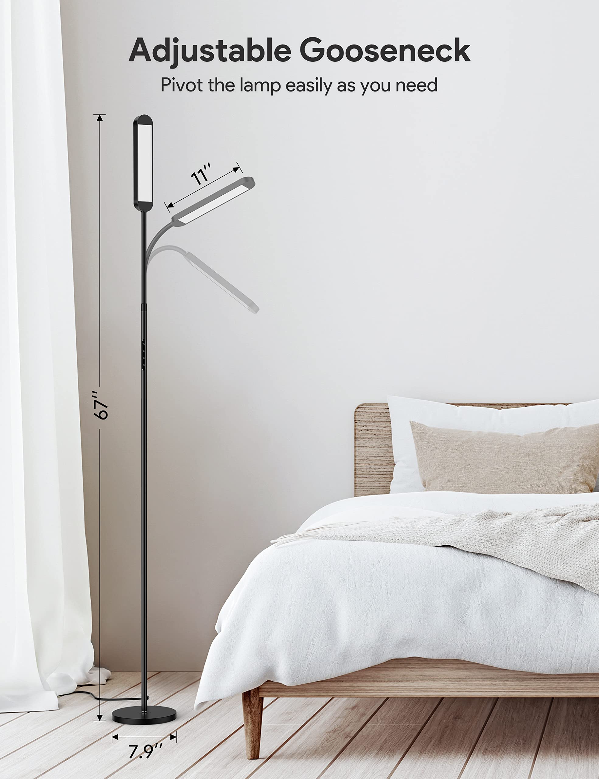 MediAcous LED Floor Lamp - Dimmable Standing Lamp with Remote, 5 Colors, 1H Timer, Iron, Black, Model ME-FL01