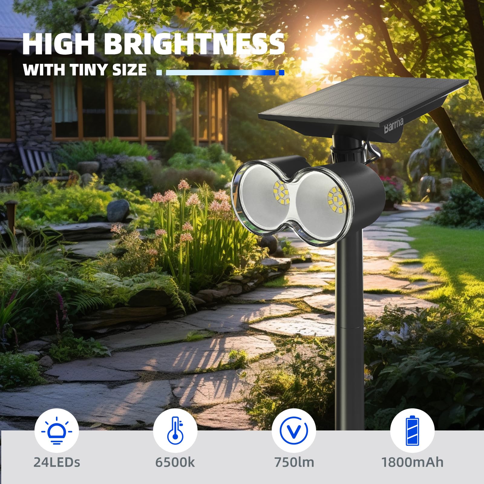 Barrina Solar Spot Lights Outdoor, 360 Horizontal Adjustable, 24 Leds Solar Spotlights Outdoor Waterproof, 6500K 3 Modes, Solar