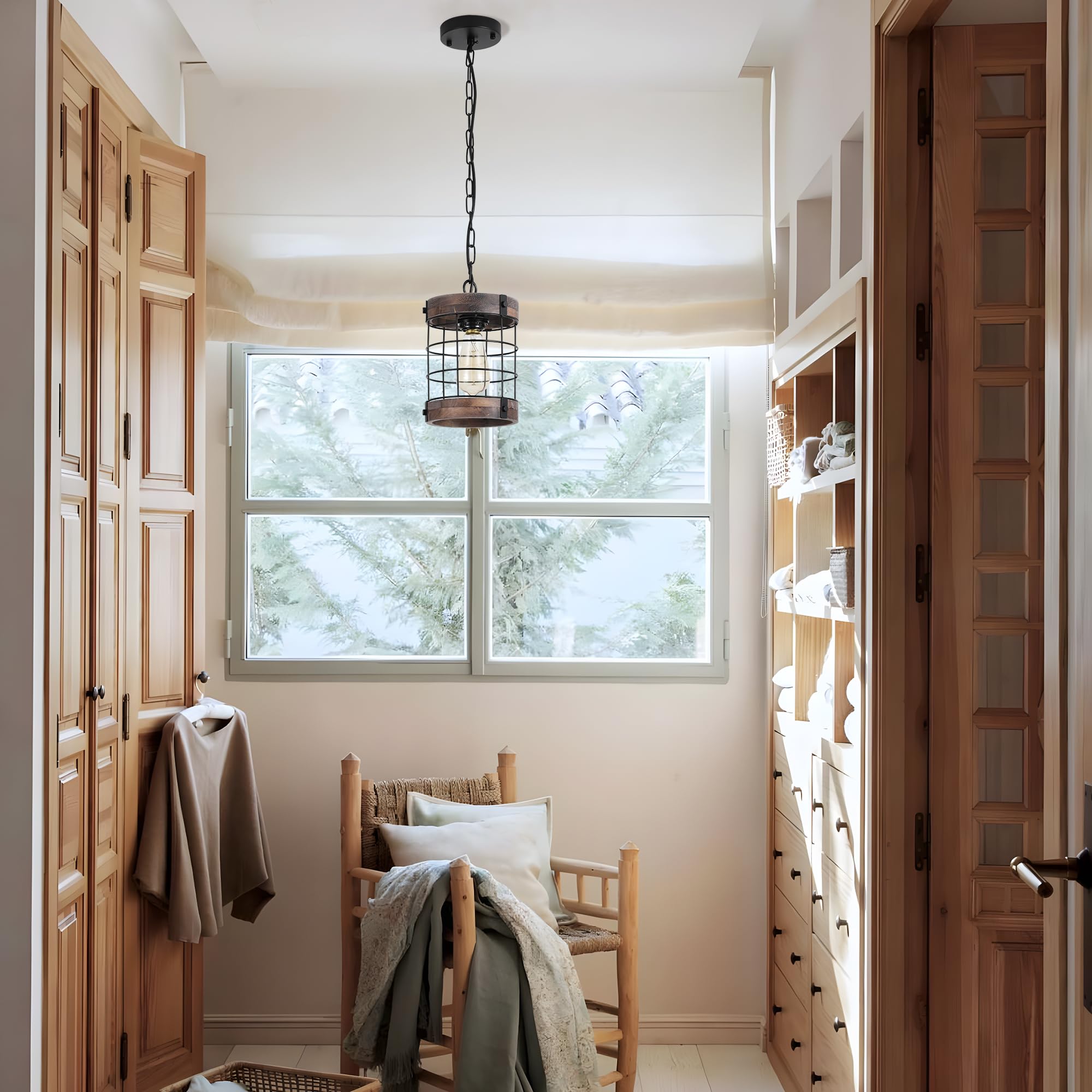 Lamqee 1-Lights Rustic Farmhouse Pendant Light Fixtures For Kitchen Island Wood Hanging Ceiling Lights Dining Room Over Table Wo