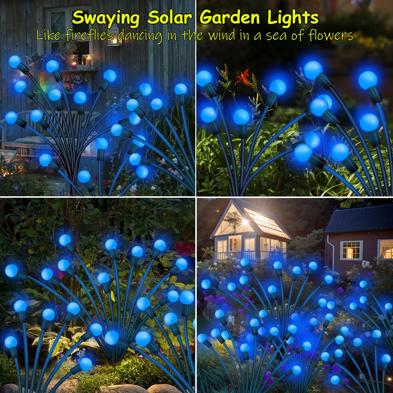 Kohlrabi Solar Garden Lights Outdoor, 10 Pack 80 Led Blue Firefly Lights Waterproof, Sway By Wind, Solar Wind Swaying Light For