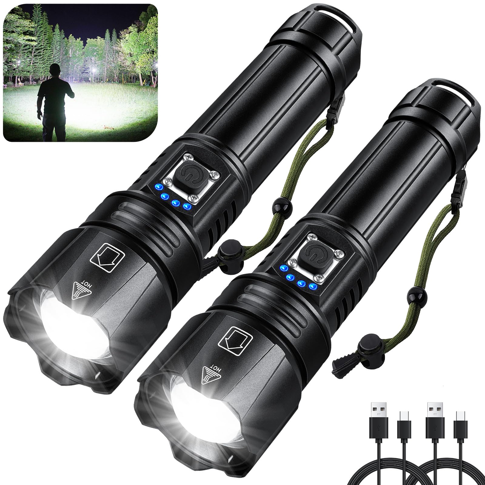 Flashlights High Lumens Rechargeable, 990000 Lumen Super Bright Flashlight 2 Pack, High Powered LED Flash Light with 5 Modes, IP