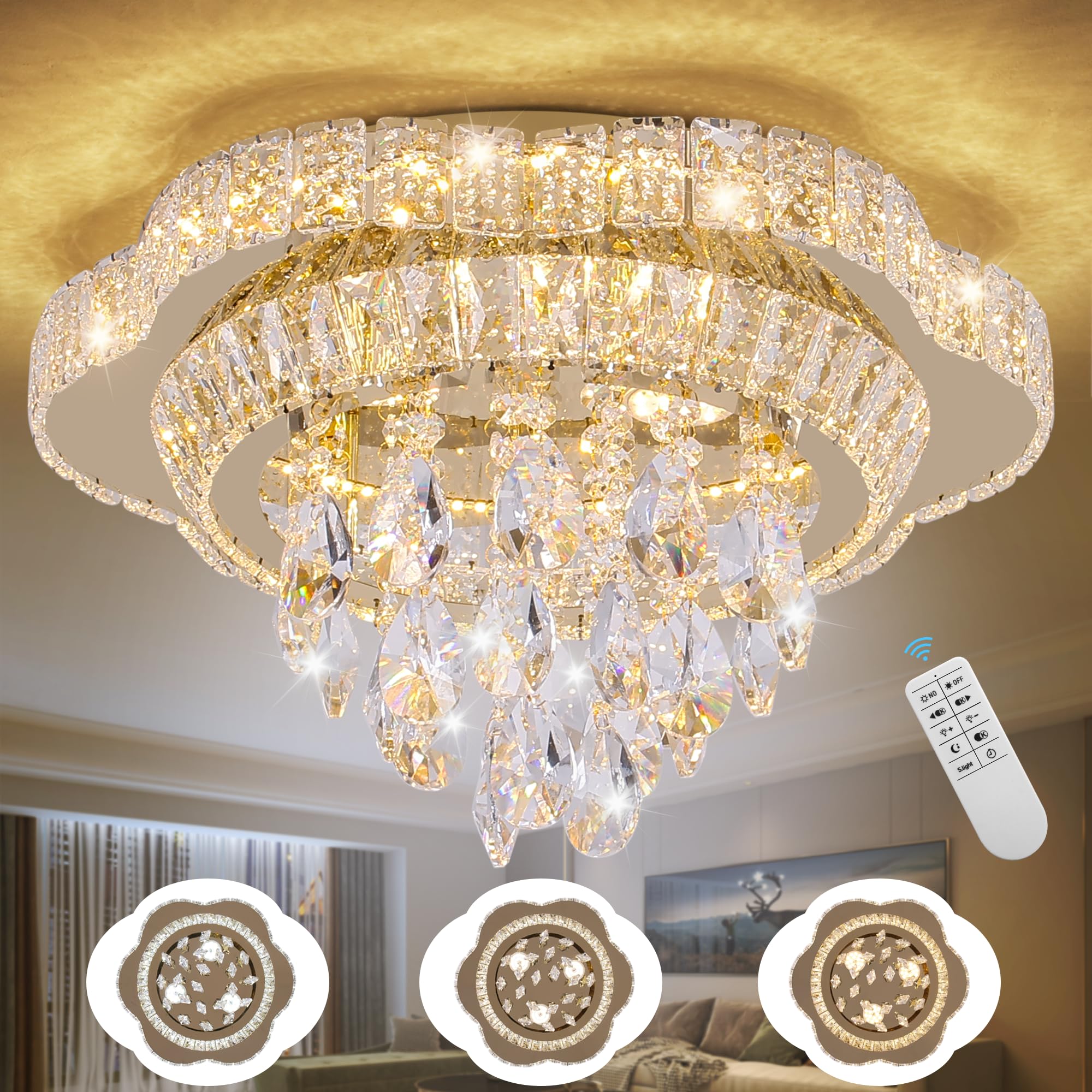 OSGNER 18in Gold Crystal LED Ceiling Light, Flush Mount Chandelier, 3-Color Dimmable, Modern Flower Design, Model X505-18-GD