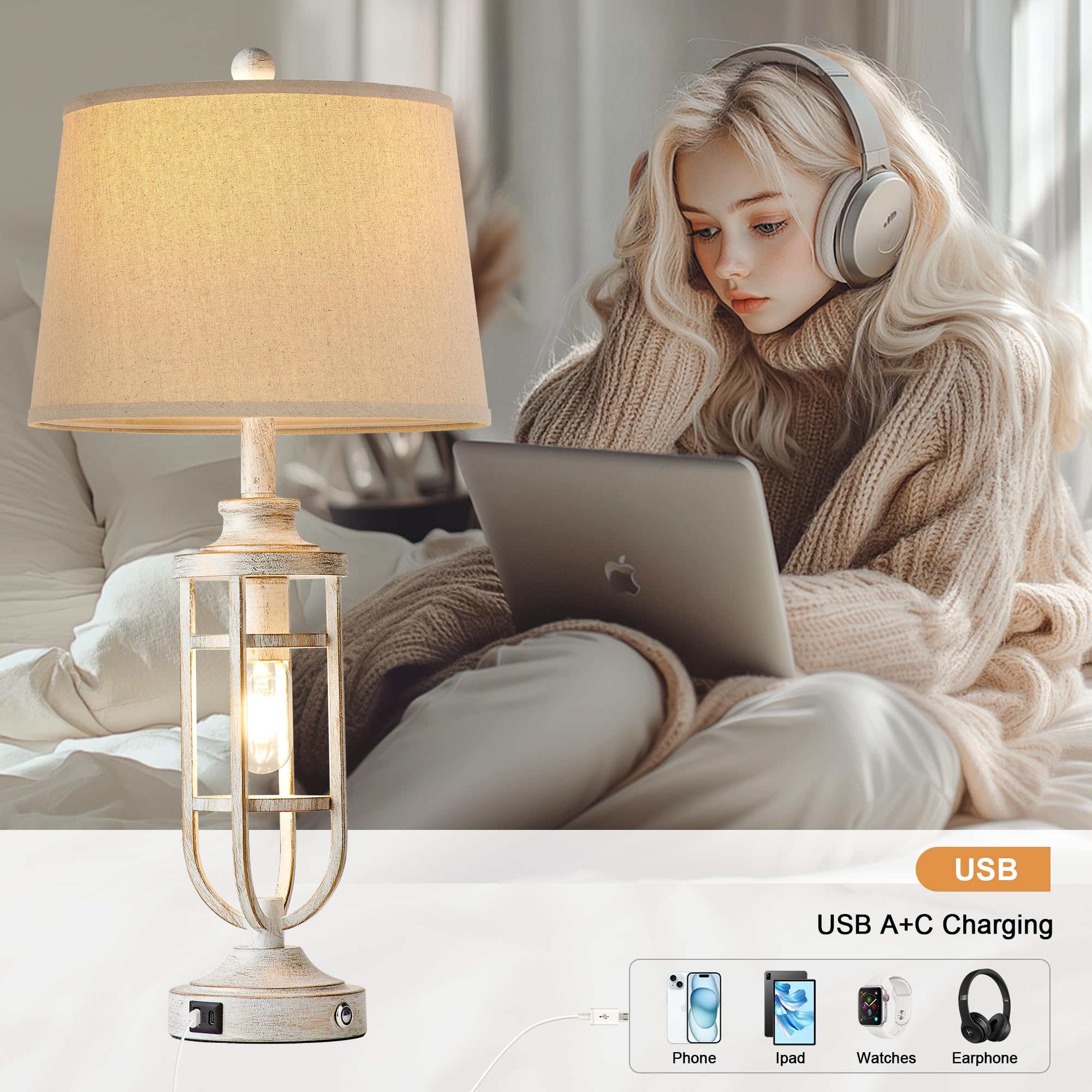 Srjjrs 28'' Table Lamps For Living Room Set Of 2, Farmhouse Touch Lamps For Nightstand With Usb A+C, Vintage Bedside Lamps For B