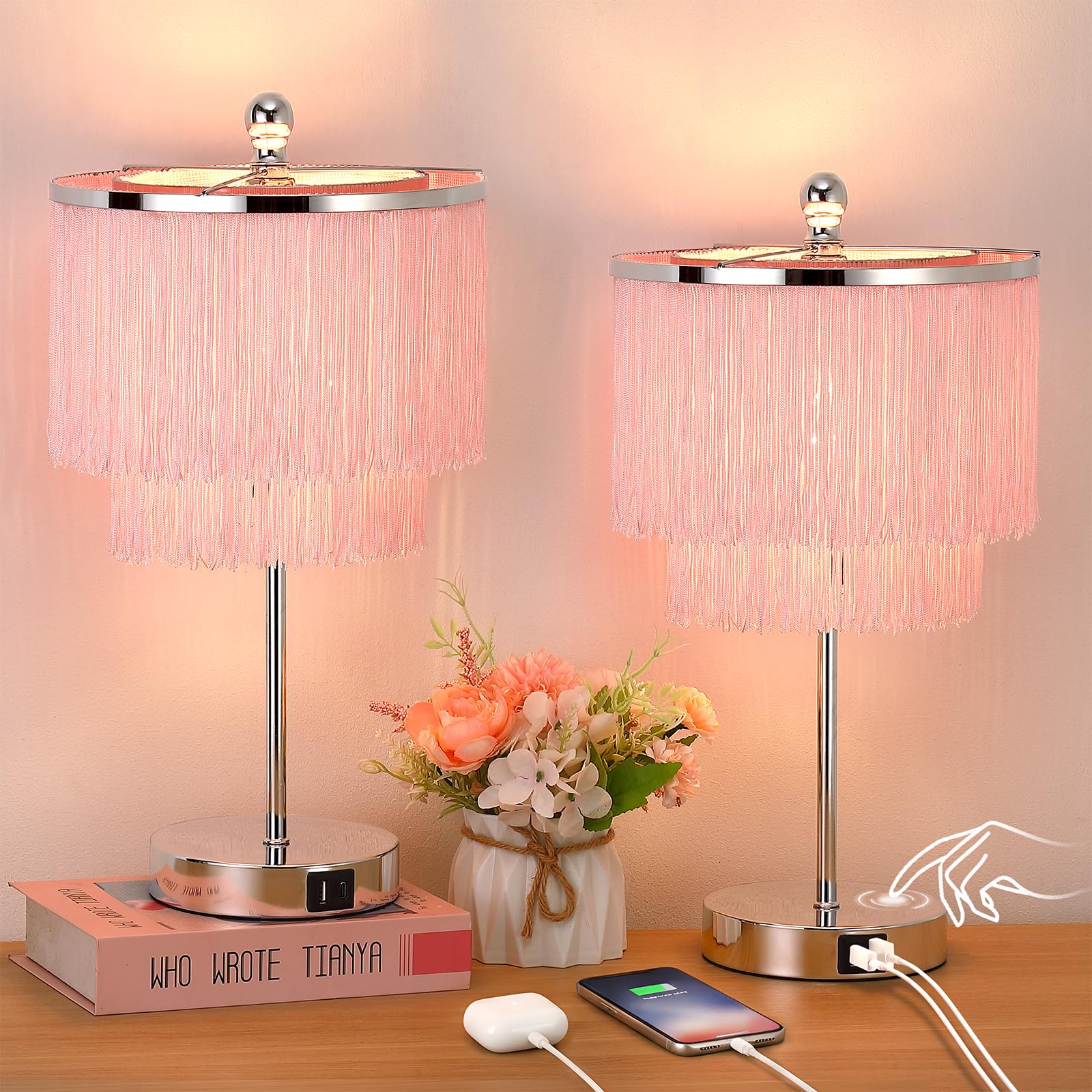 Pink Lamps Set of 2 for Girls Room  3-Way Dimmable Touch Lamps with USB Port  Girls Lamps with Tassel Lampshade for Bedroom  Living Room  Dresser  Nightstand  LED Bulbs Included