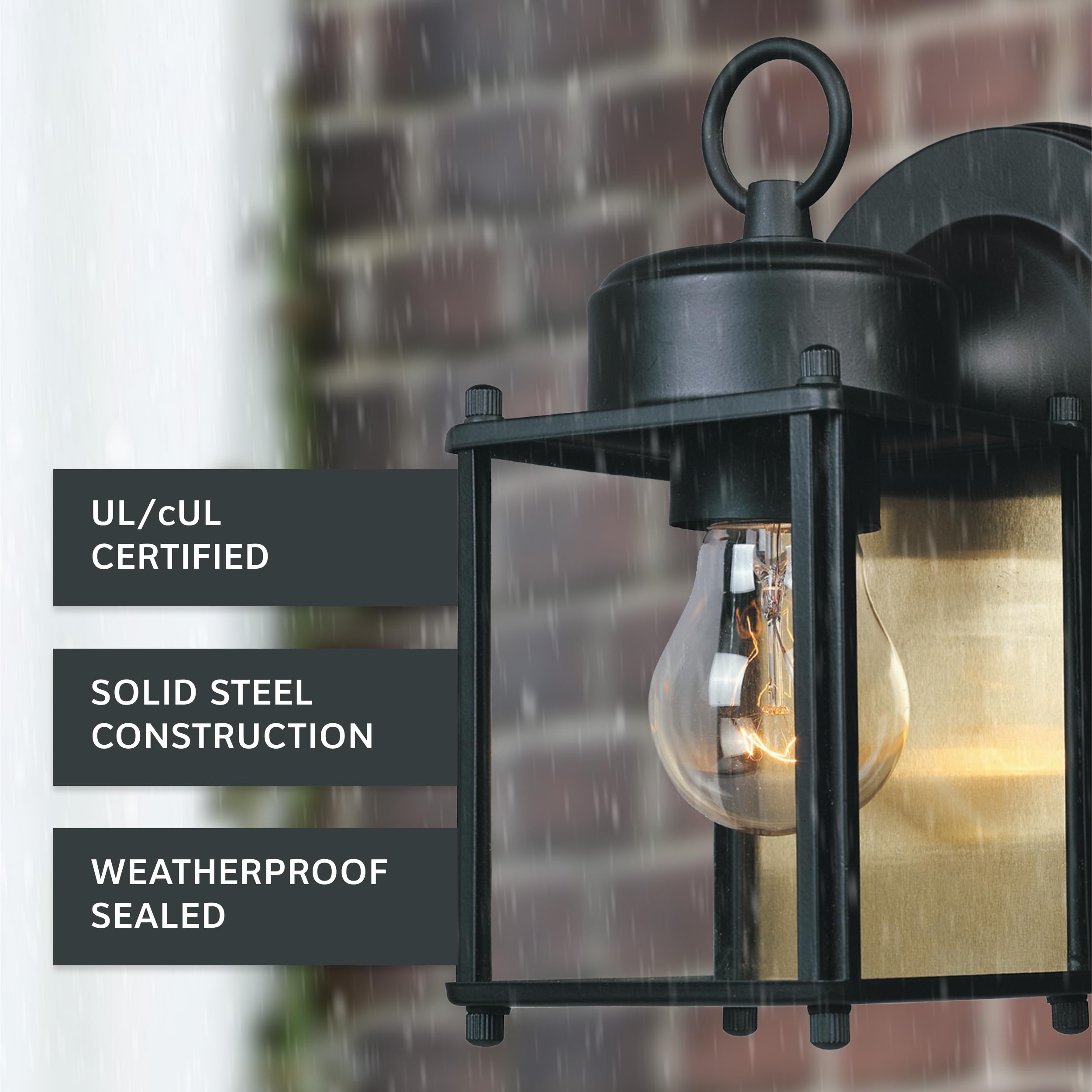 DESIGNERS FOUNTAIN Outdoor Wall Mount Lantern Sconce, 8 Inch, Black, Clear Glass, Model 1161-BK