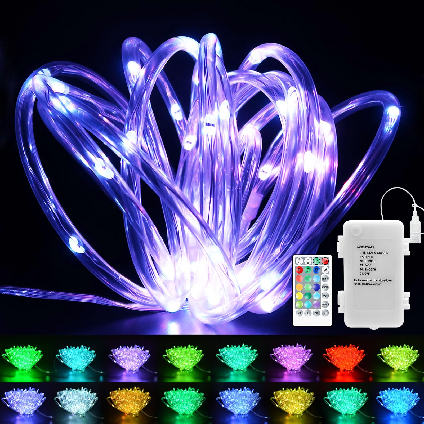 echosari 53Ft Rope Lights Outdoor Battery Operated, 160 LED Rope String Lights Colors Changing with Remote Timer Waterproof Rope