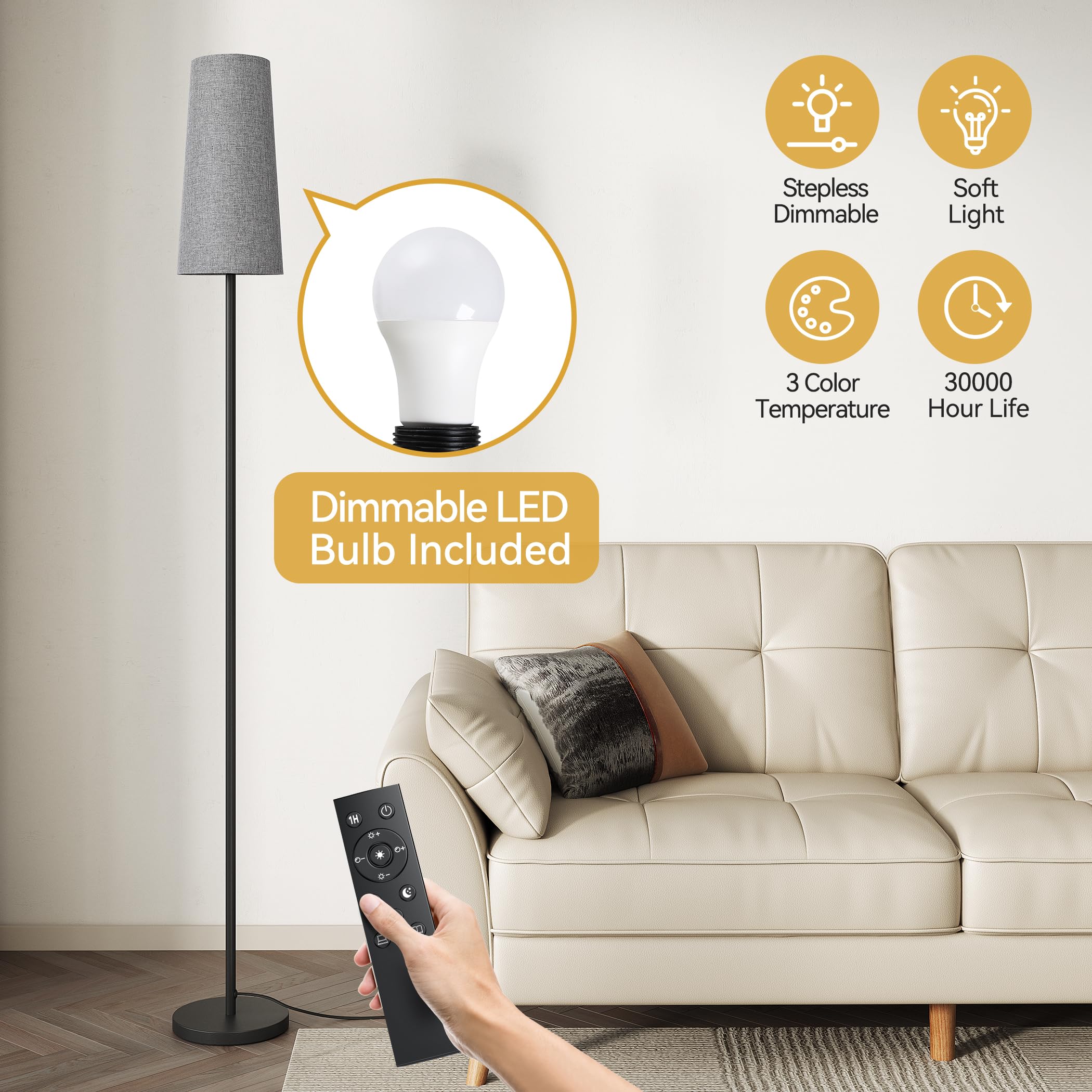 SUNMORY Floor Lamp with Remote Control, Dimmable Tall Iron Lamp, Gray Lampshade, Modern/Boho/Farmhouse Style for Living Room/Bedroom