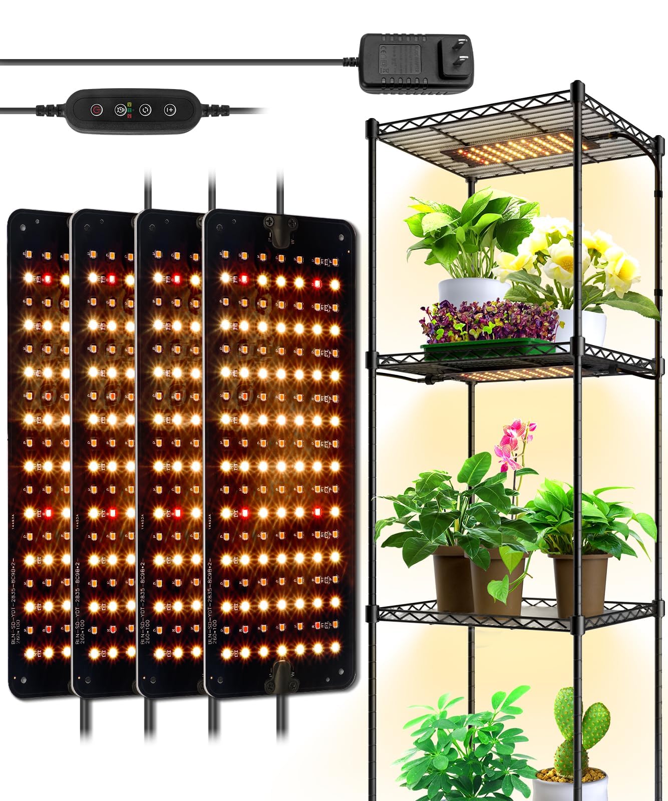 Barrina Ultra-Thin Grow Light Panel, 40W Full Spectrum, 3 Spectrum Modes, 7 Dimmable Levels, 4-Pack, Aluminum