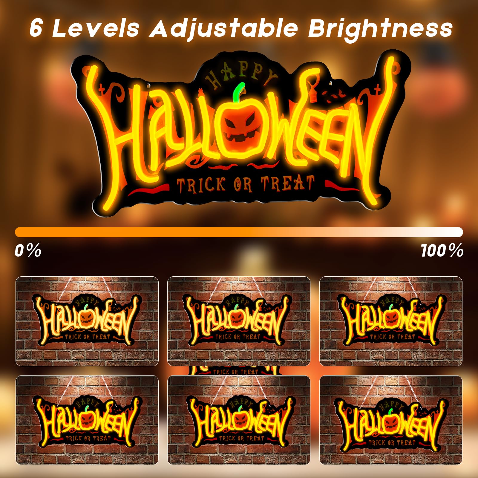 Kraftzoo Neon Pumpkin Sign, USB Powered, 6 Brightness Levels, Black + Orange, Model LE003A, Halloween Wall Decor