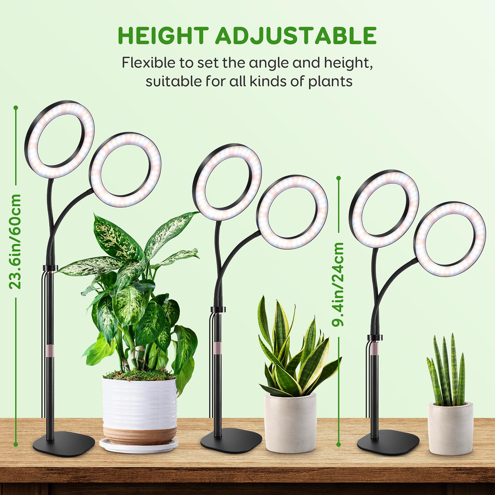 Lpmzmbl Dual Heads Grow Lights For Indoor Plant Full Spectrum, Desk Halo Plant Lights For Indoor Growing With 3/9/12 Timer, 5 Dimmable Levels,Height Adjustable 9.4-23.6&quot;,Strong Metal Base Happy Light