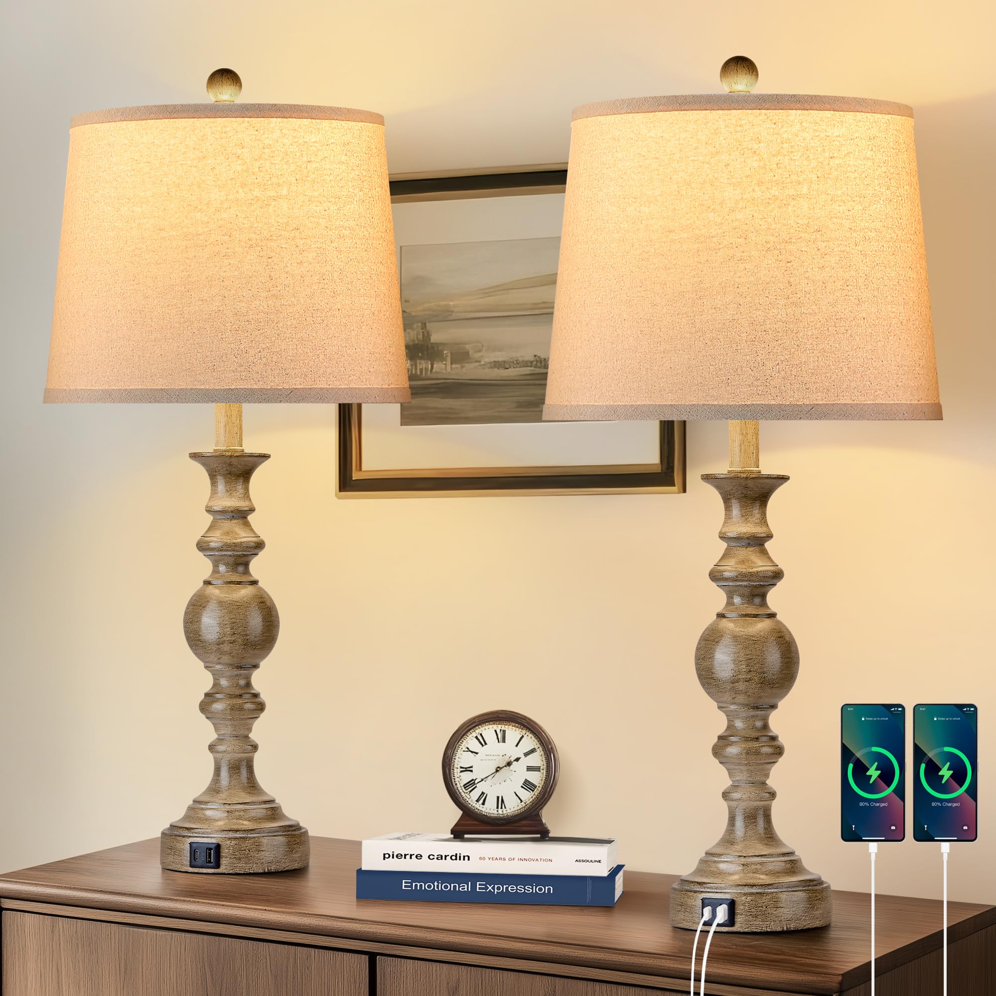 Srjjrs Farmhouse Table Lamps For Living Room Set Of 2, Rustic Table Lamp With Usb Ports, 28'' Tall Table Lamps For Bedroom Night