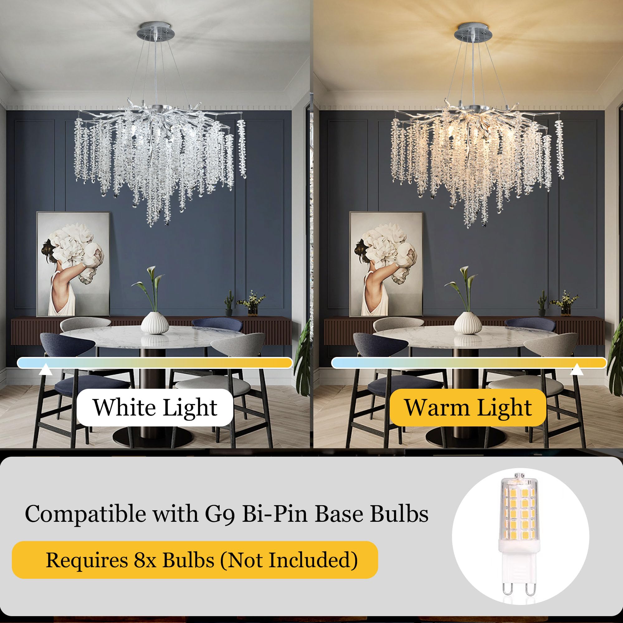 Upfelw Modern Crystal Tree Branch Chandelier, D23.7'' Silver Round Raindrop Indoor Hanging Pendant Light Fixture For Dining Room