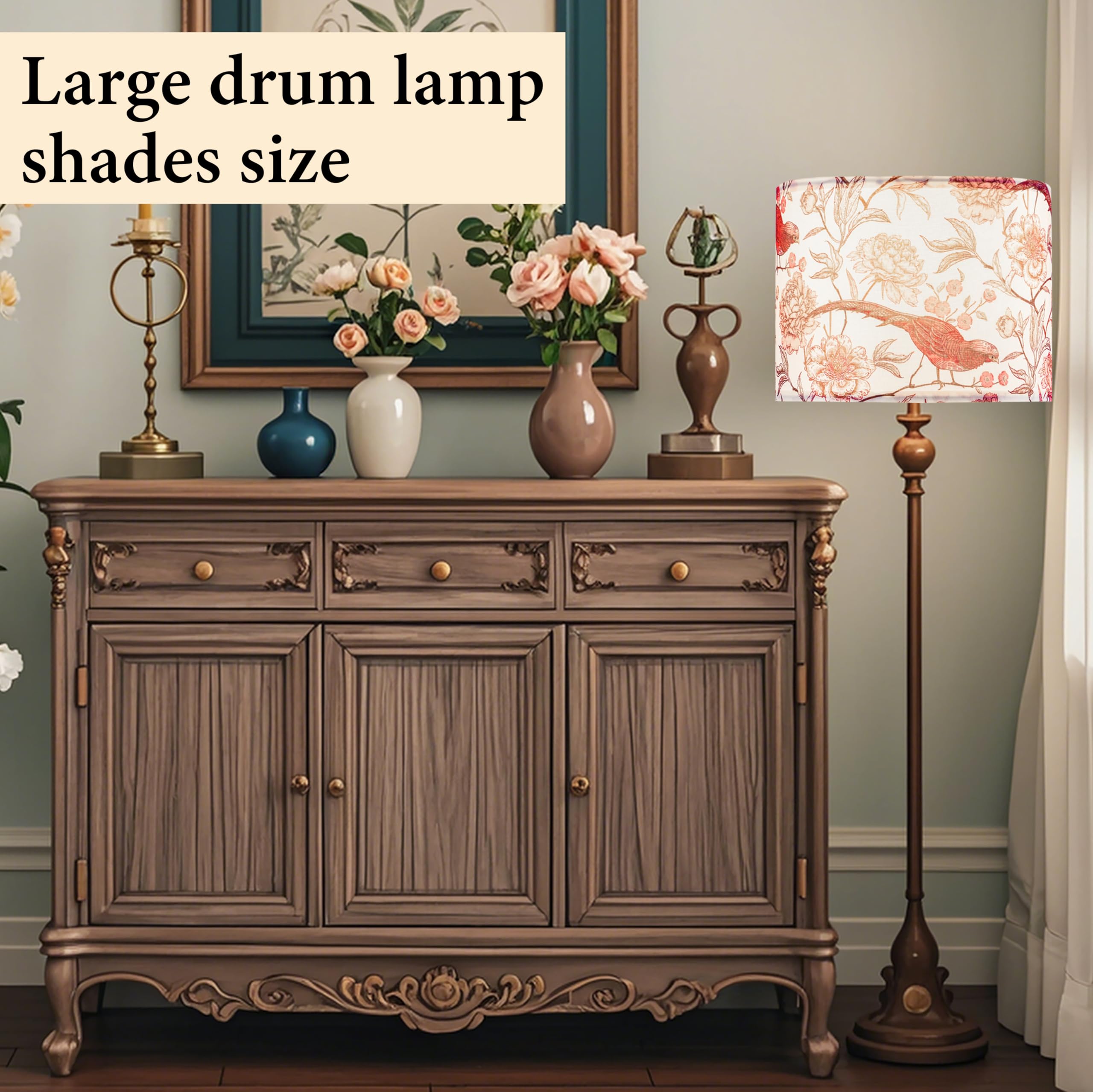 Go&So 1 Pack Floral Bird Large Drum Lamp Shade 1.65Spider E27 Base 16 X16 X12 Printed Pattern Design Diy Assembly With Multi-Adapter (E26/E14/10Mm) Ideal For Floor/Table Lamps/Pendant Lighting