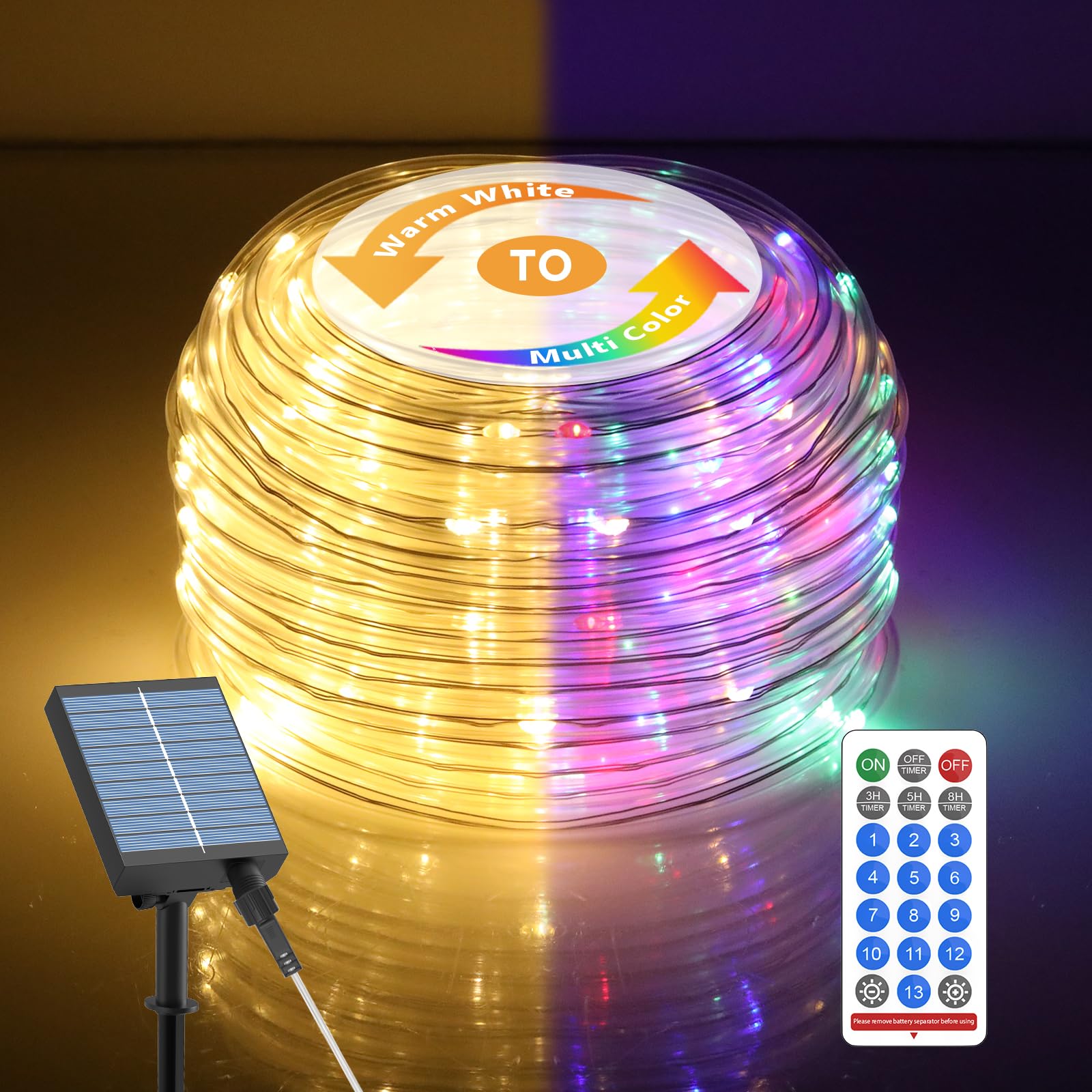 Icrgb Solar Outdoor Rope Lights, 66Ft 200 Led Christmas Outdoor String Lights With Remote, 13 Modes & Timer, Ip67 Waterproof, Solar Light For Tree Patio Porch Christmas, Warm White To Multicolor