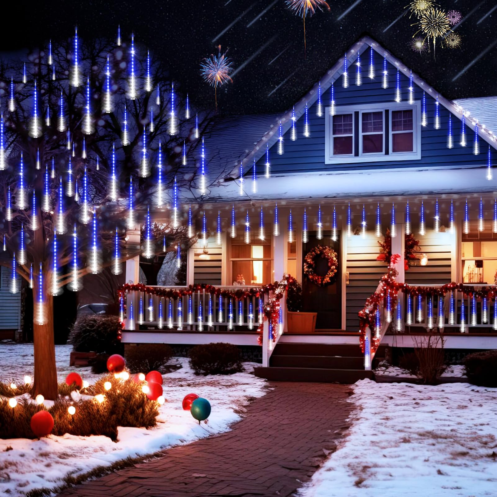 Knonew 2Pack Total 48 Tube Meteor Shower Lights 15 In 672 Leds Christmas Lights Outdoor Waterproof Plug In Falling Rain Light For Xmas Tree Wedding Party Garden Decorations (Blue And Cool White)
