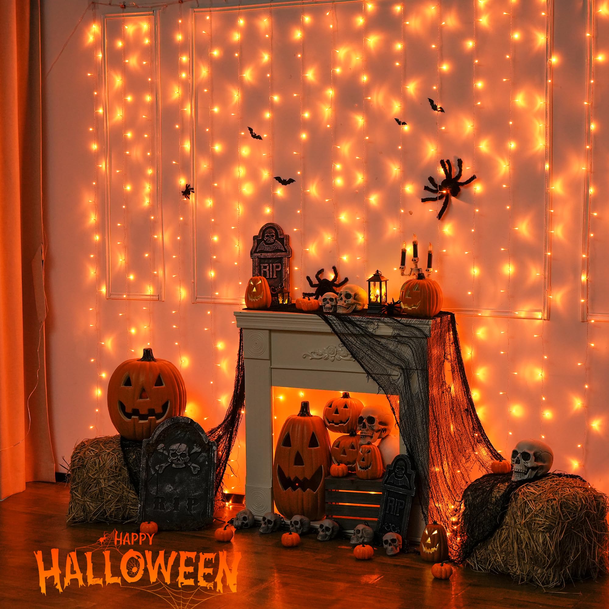 JMEXSUSS 300LED Halloween Curtain Lights with Remote, 8 Modes Orange Hanging String Lights Plug in for Fall Bedroom Party Hallow