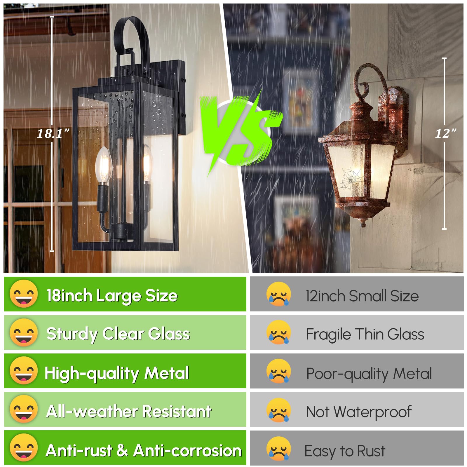 Beslowe 18'' Outdoor Wall Light Fixture, 2-Light Large Exterior Lighting Fixture Wall Mount, Waterproof Porch Light Outdoor Wall