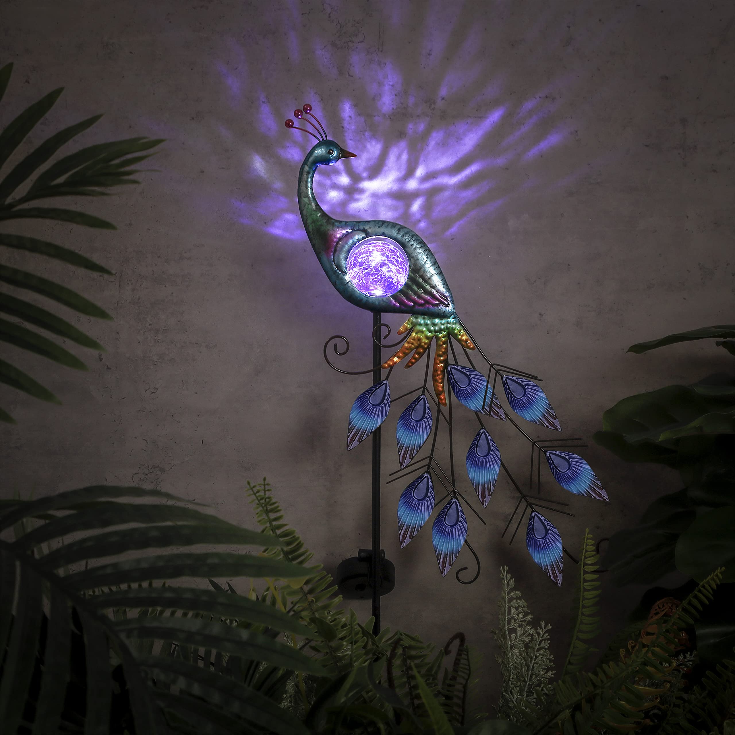 Teresa'S Collections Peacock Solar Lights - 35.4&quot; Metal Garden Decor With Crackle Glass Ball