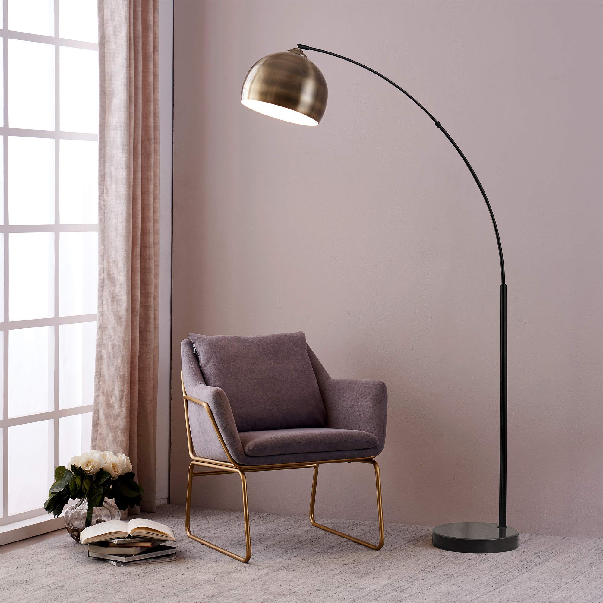 Teamson Home Arc Floor Lamp, 68.1in Metal, Antique Brass Shade, Black Marble Base, Model VN-L00010AB