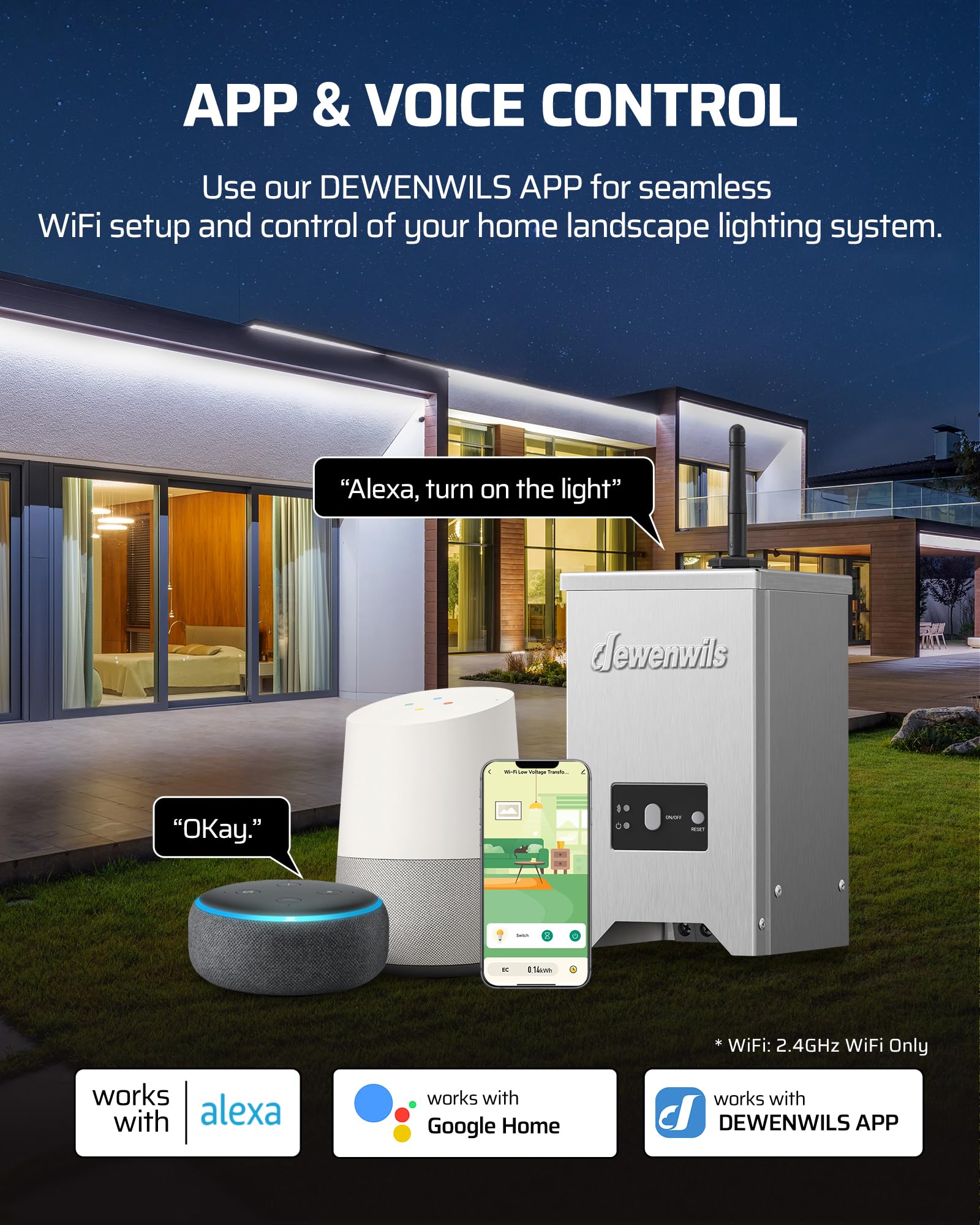 Dewenwils 120W Smart Low Voltage Landscape Transformer  2.4Ghz Wifi Landscape Lighting Transformer  120V Ac To 12/15V Ac  Compatible With Alexa & Google Home  For Outdoor Landscape Lights  Fcc Listed