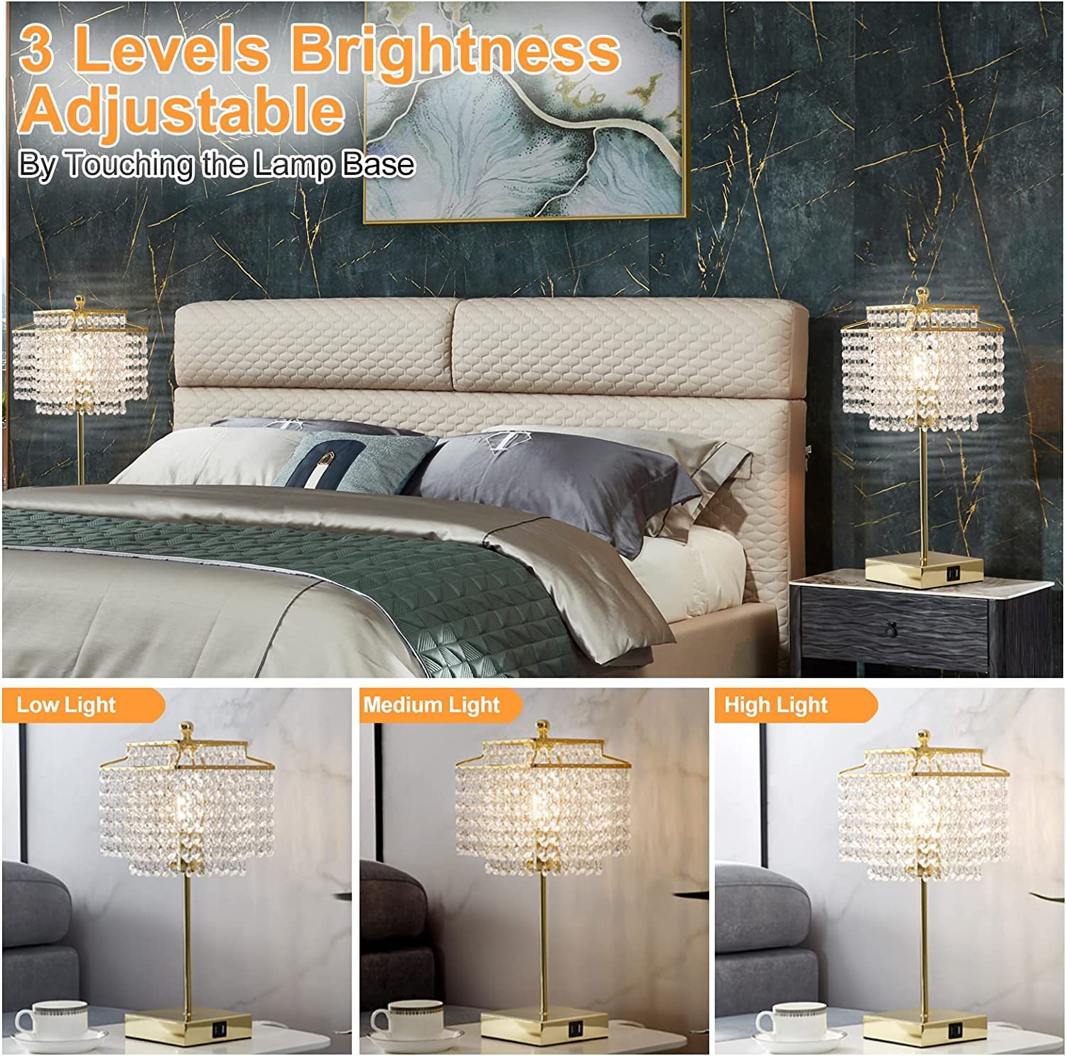 Luvkczc USB Crystal Table Lamp, Touch Control, 3-Way Dimmable, Gold, Includes 6W LED Bulb
