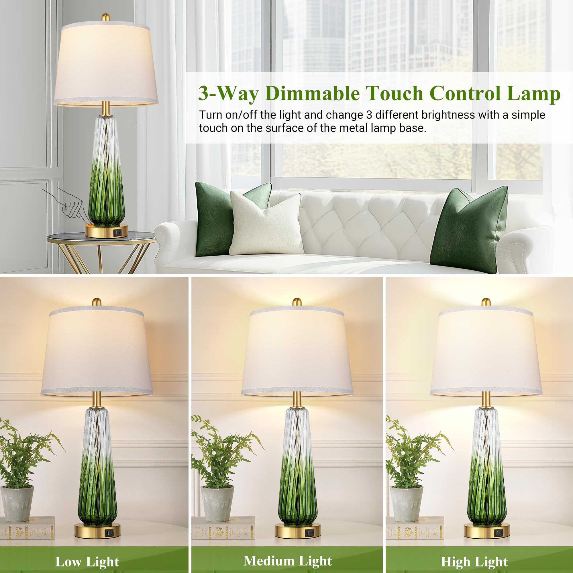 QiMH Glass Table Lamps Set of 2, 27.5" Modern Touch Control with USB Ports, Green Linen Shade, Ideal for Bedrooms and Living Room Decor