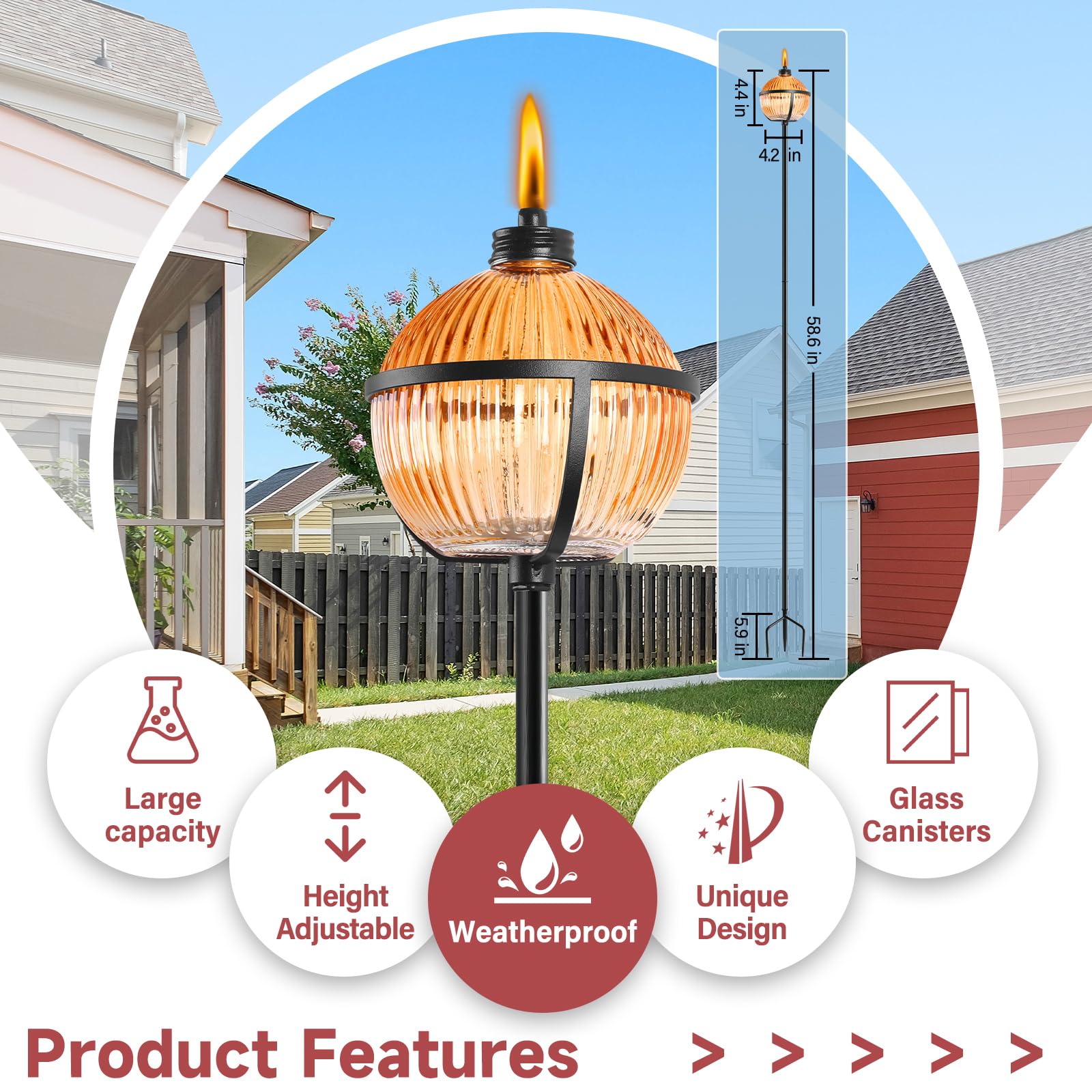 Falbawr Citronella Torches Set Of 4 - 16 Oz Glass Outdoor Lanterns With 3-Prong Stake,