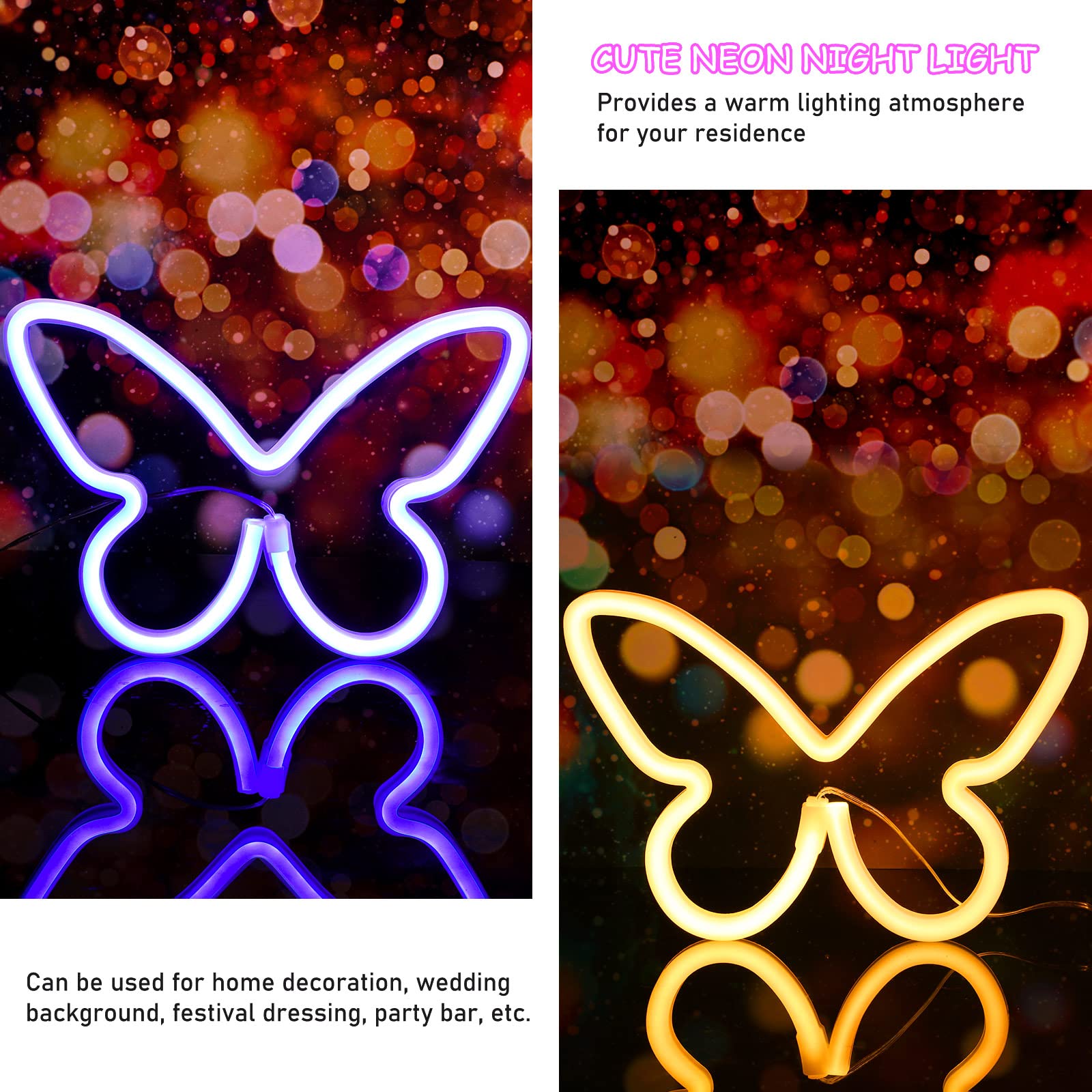 Riakrum Butterfly LED Neon Light Decor - 2 Pcs, USB & Battery Operated, Blue & Warm White, Model Riakrum-Signs Butterfly LED Light-026