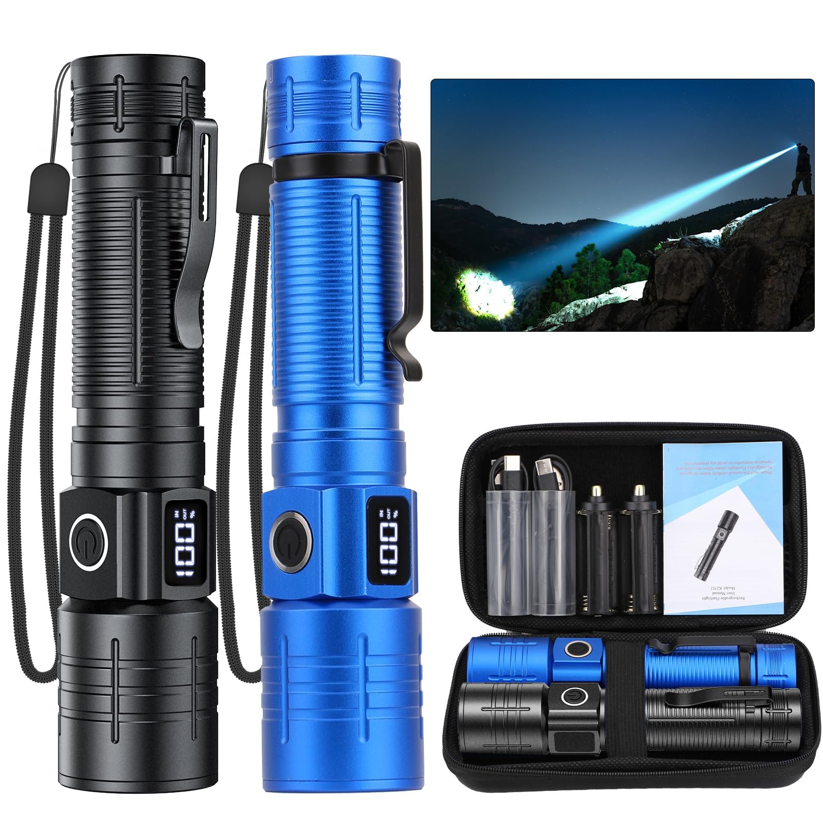 NetCan LED Flashlight, Rechargeable Tactical Light, 6 Modes, Zoomable, Waterproof, Black+Blue, Model K2312