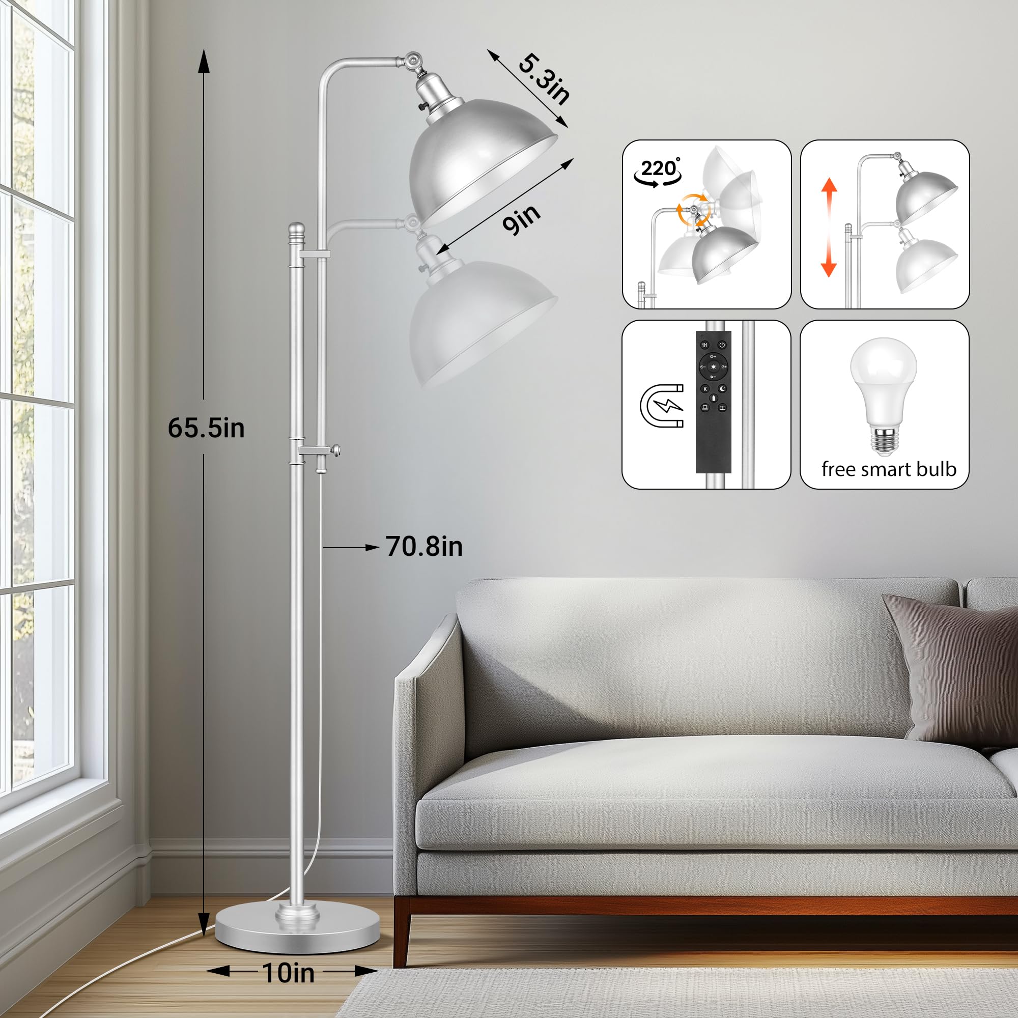 Partphoner Industrial Floor Lamp Adjustable, Farmhouse Reading Lamp In Silver Finish Modern Standing Lamp With Remote Control Me
