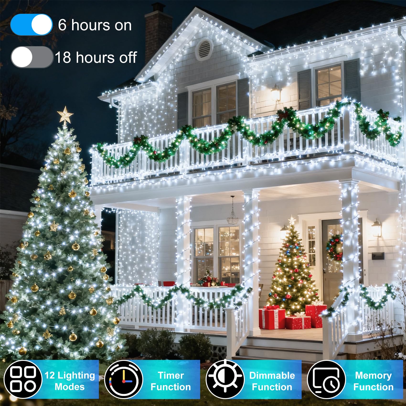 340 Led 90Ft Christmas String Lights Outdoor  12 Pro Modes And Timer Memory & Brightness  Plug In Outdoor Waterproof Clear Wire Twinkle Light For For Xmas Yard Tree Wedding Party Decor (Cool White)