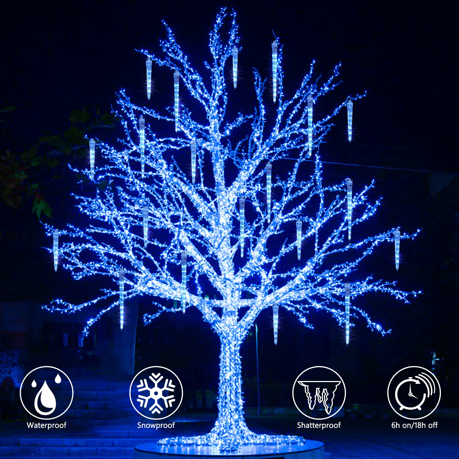 Joomer Icicle Christmas Lights - 20 Icicles, 320 LED, Waterproof, Timer, Blue, Model GP-SW050DC1200T-IP44, 13FT