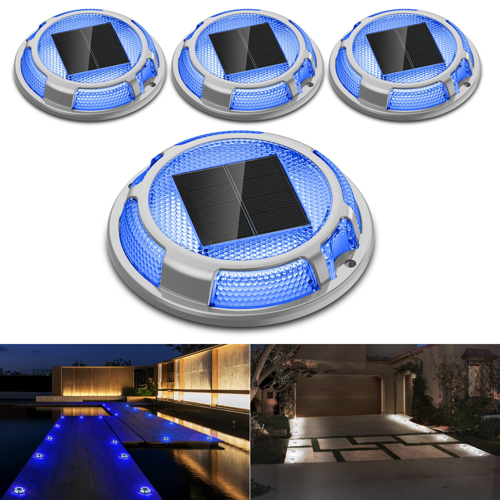 Fabstyl Solar Driveway Lights, 4 Pack Waterproof Led Dock Lights, Blue & White For Pathways