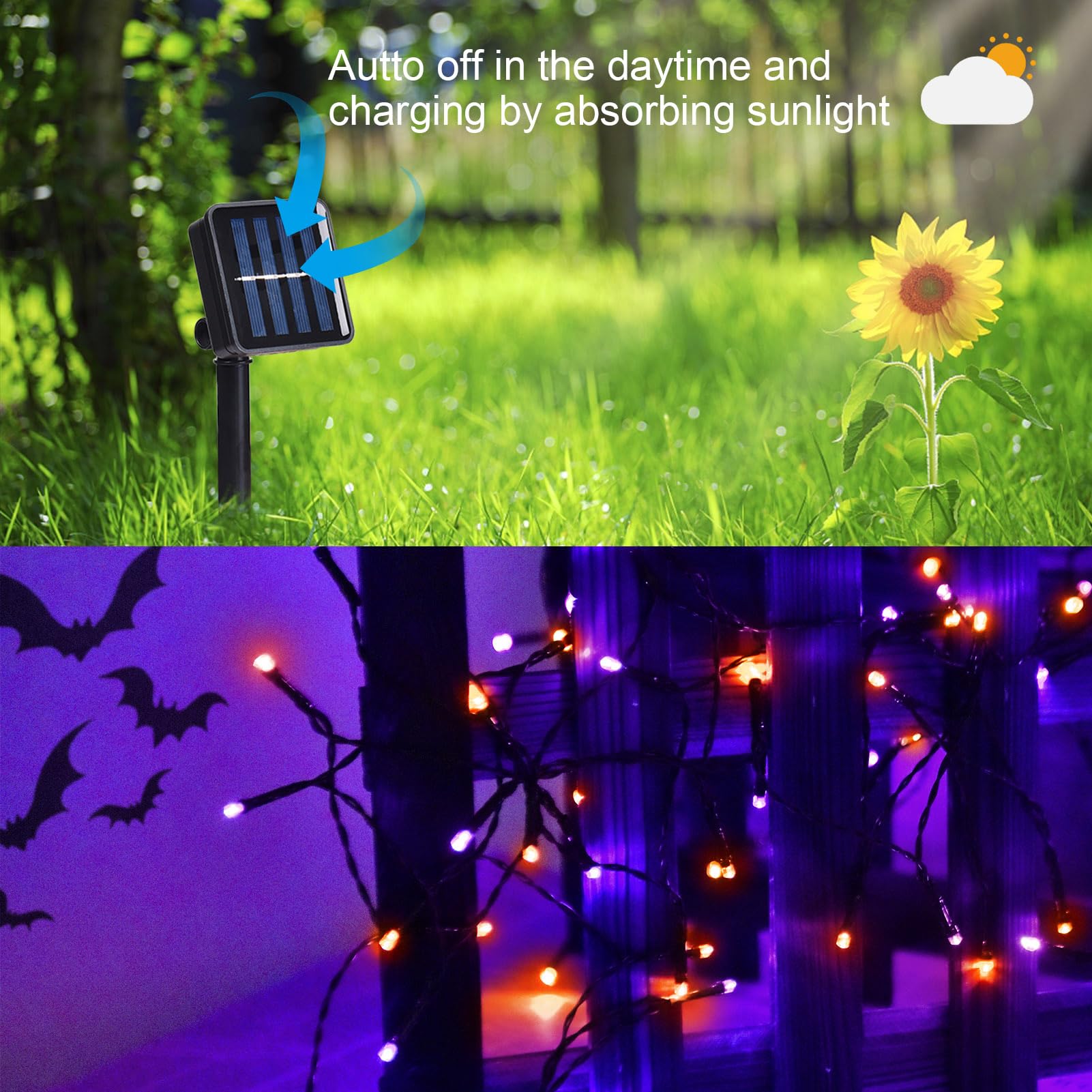 Amadecohome 2 Pack 400 Led Solar String Lights, Waterproof, 8 Modes, Orange-Purple, For Outdoor Holiday Decor, Model Sl0