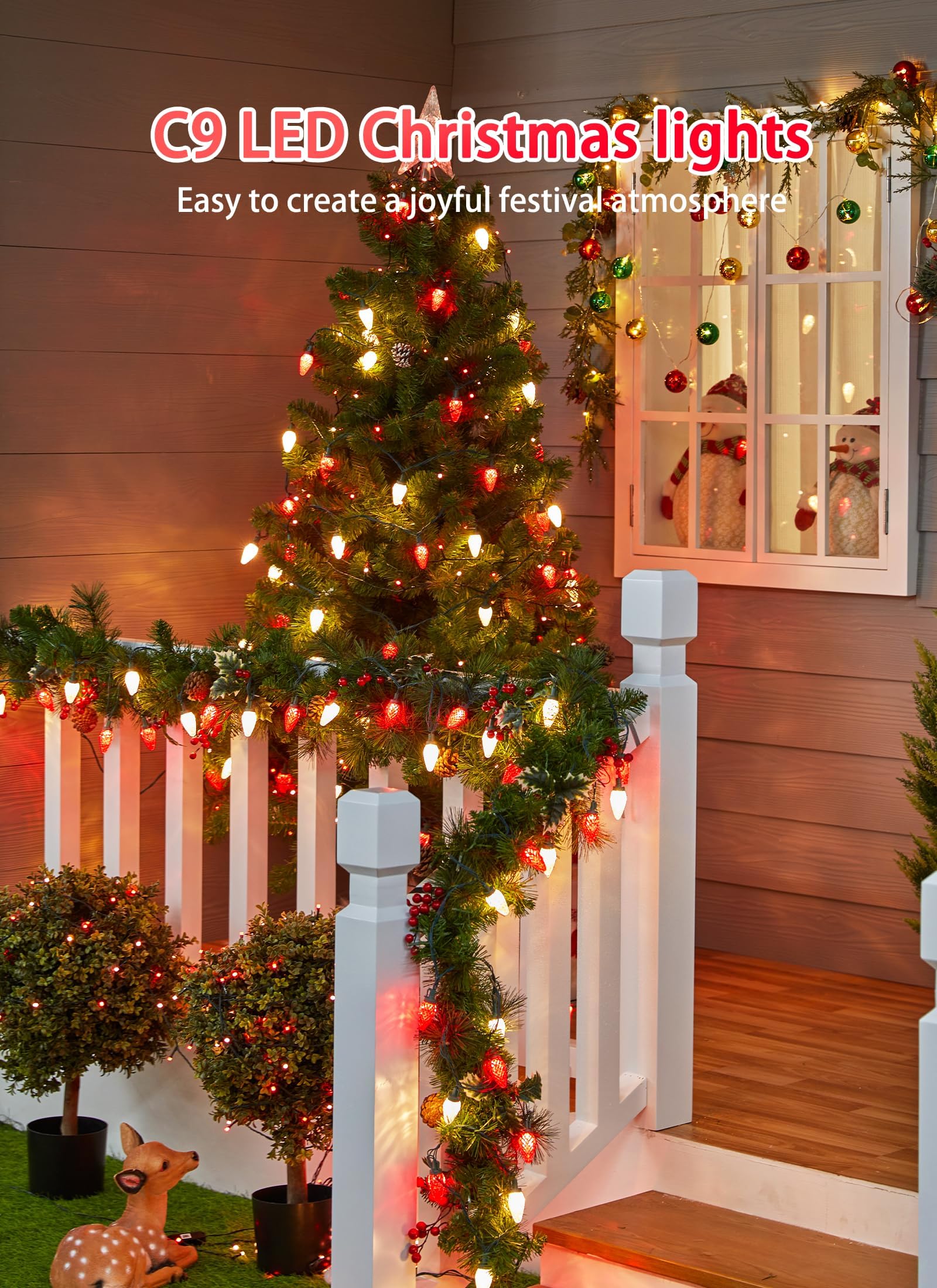 Minetom C9 LED Christmas String Lights - 82ft, 100 LEDs, Red and Warm White, 2 Pack, with Timer and 8 Lighting Modes