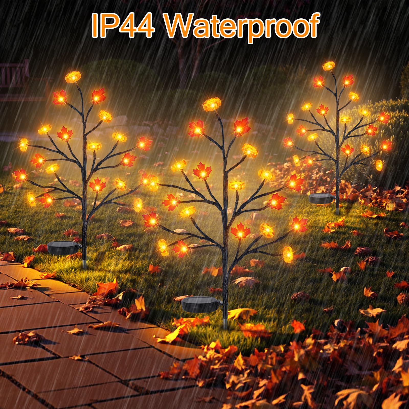 unlemoni Solar Pathway Lights, 80 LED Maple Pumpkin, 8 Modes, Waterproof, 4 Pack, Red, Model IPS386