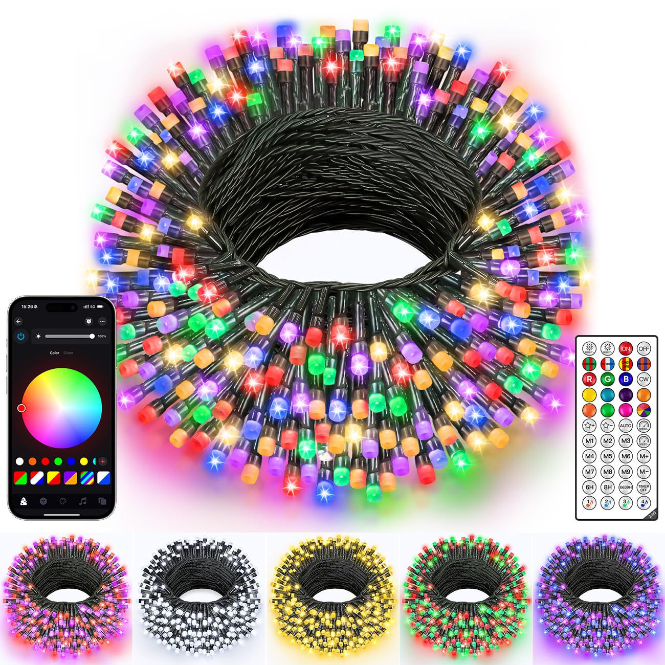 Ollny Smart Christmas Lights, 400 LED RGB Color Changing, 131FT Waterproof Decor with Remote, Model NYA0400P, Dark Wire