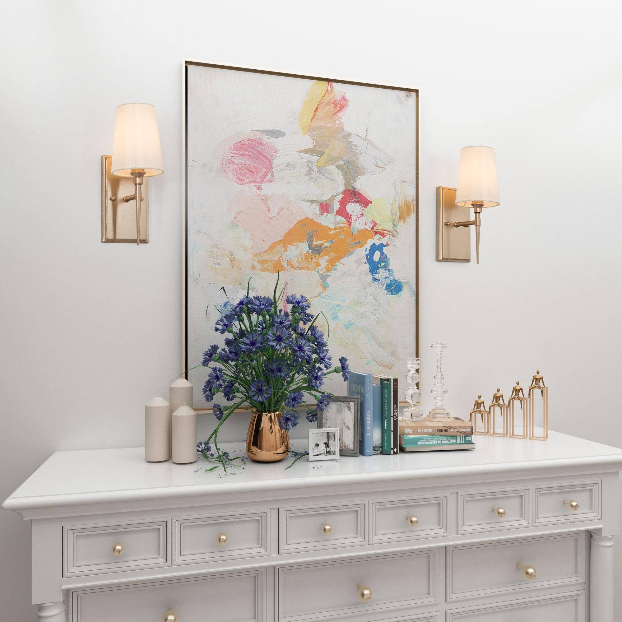 Ksana Sconces Wall Lighting, 1-Light Modern Gold Wall Sconces Indoor With White Fabric Shade, Wall Sconce Light Wall Lights For