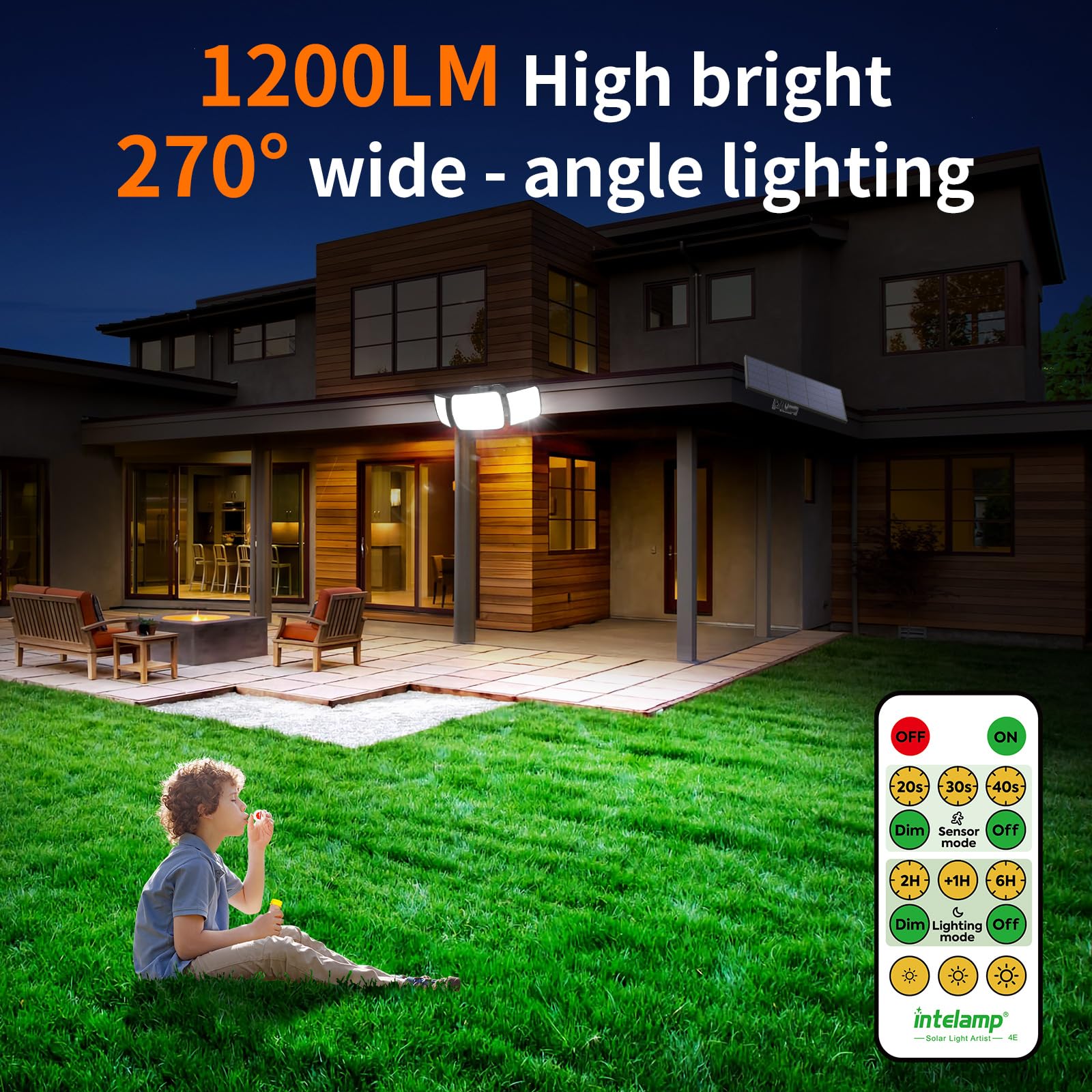 intelamp Solar Flood Lights - 2 Pack, 6000mAh, 1200LM, Waterproof, Dual Motion Sensor, Black, Model YL002-12B